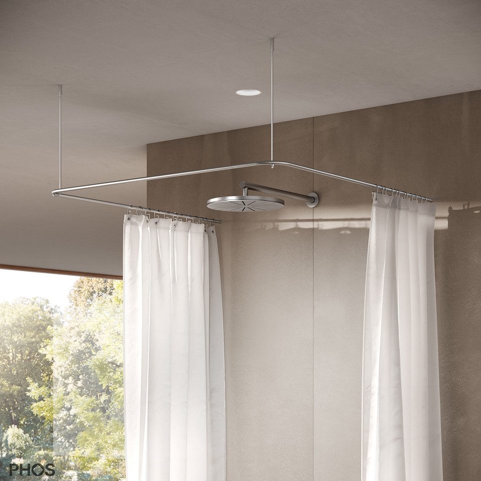 PHOS Design Duschvorhangstange U-Form aus Edelstahl zur Wand-/ Deckenmontage, verschraubt - 100 % Made in Germany