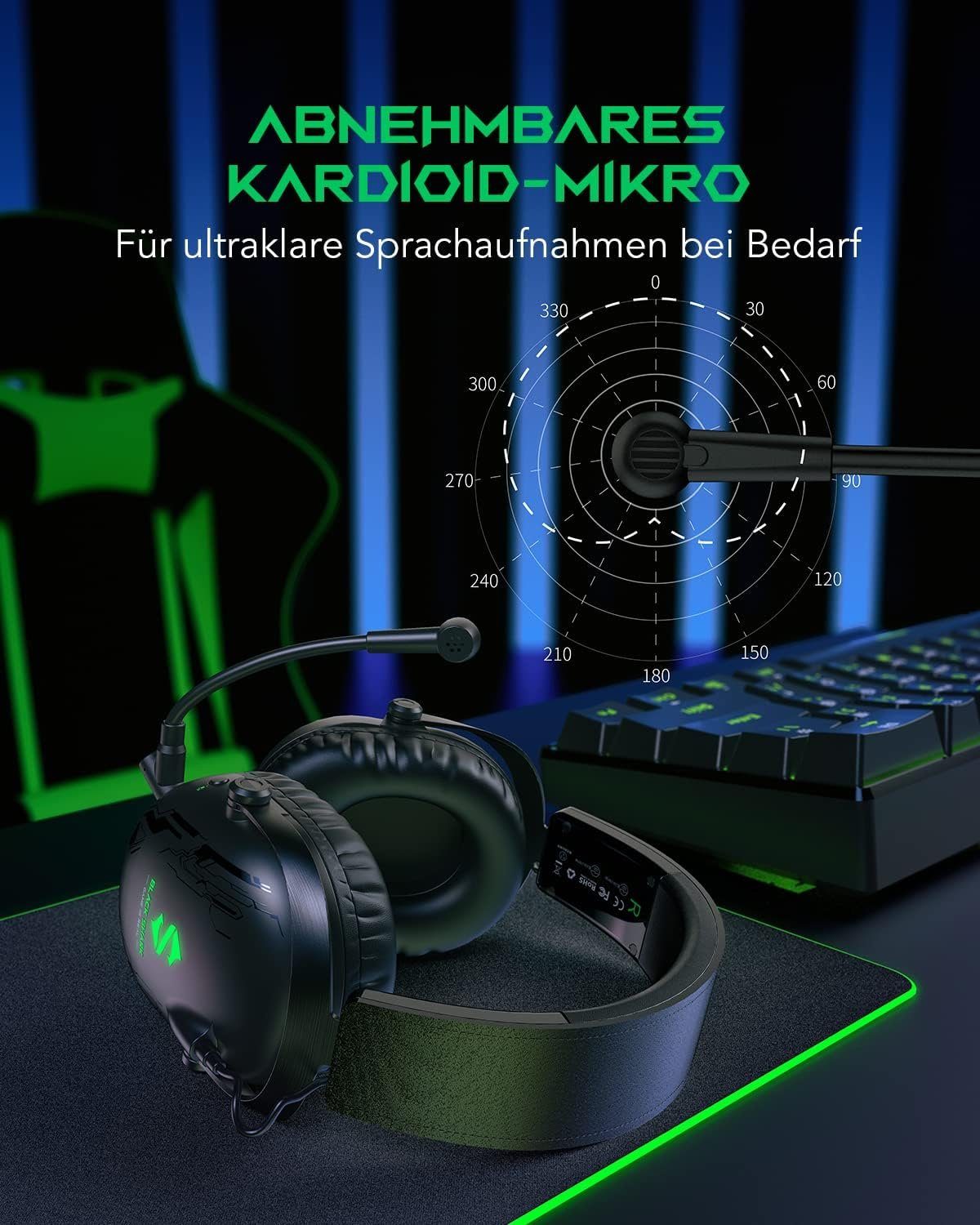 Shark Headset Wireless (Abnehmbares PC,PS4,PS5,Bluetooth Gaming Kopfhörer) klare Bluetooth Gaming für Kardioid ultraklares Mikrofon Gaming-Headset Headset, Black für Aufnahmen,