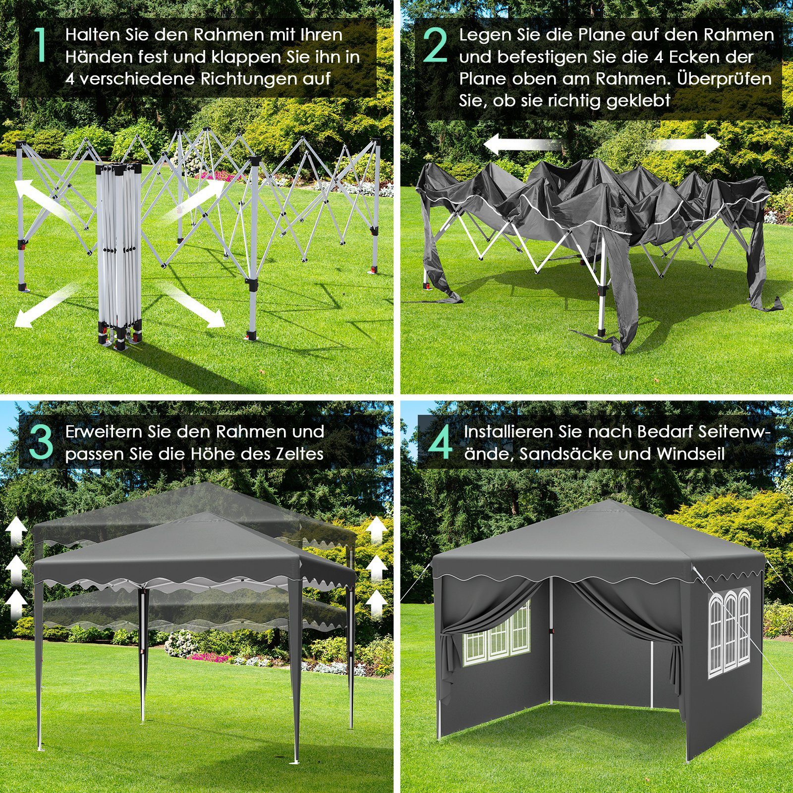 TLGREEN Faltpavillon 3x3 M Gartenpavillon Höhenverstellbar, mit 4 Seitentei günstig online kaufen
