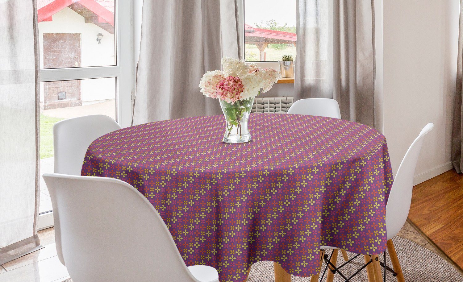 Abakuhaus Tischdecke Kreis Tischdecke Abdeckung für Esszimmer Küche Dekoration, Blumen Blooming 4 Petal Blumen