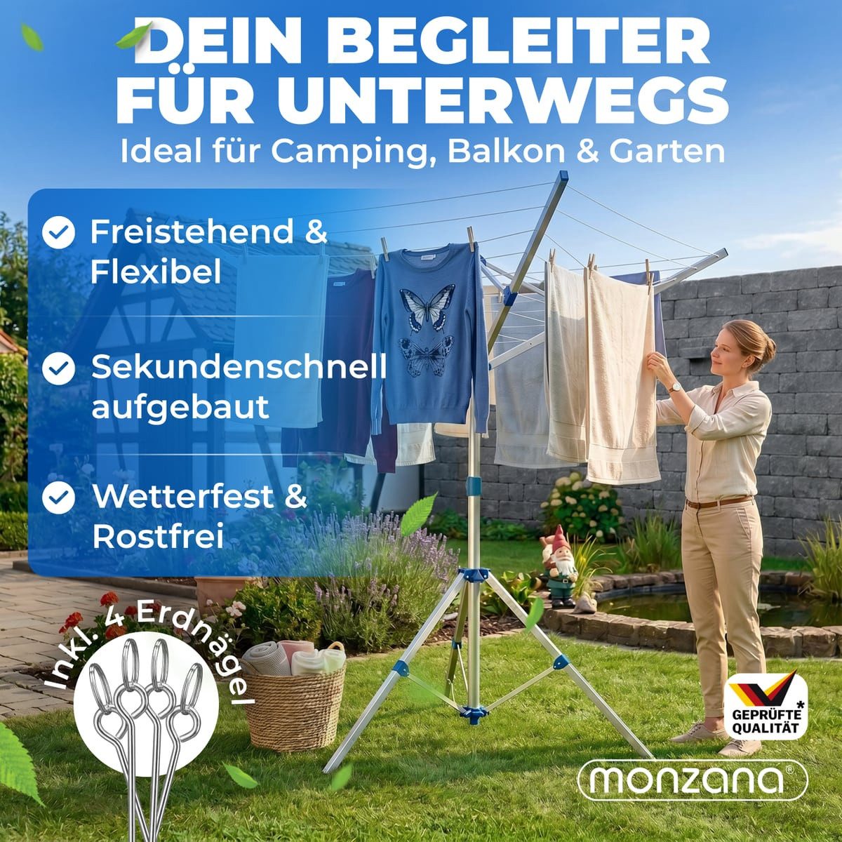 monzana Wäschespinne, Höhenverstellbar Mobil mit 4 Erdspieße Camping Wäscheständer
