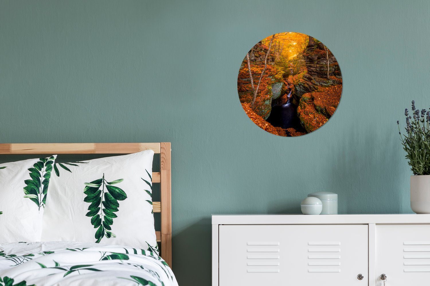 Wasserfall Kreis Herbst, im Wandbild, Wohnzimmer, Gemälde St), 30x30 Ein (1 Rundes MuchoWow Wanddekoration Forex, cm