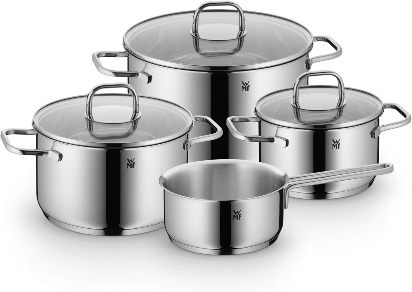 WMF Topf-Set Inspiration Induktion, Kochtopf Set mit Glasdeckel, Cromargan® Edelstahl Rostfrei 18/10 (Set, 7-tlg., 3x Fleischtöpfe Ø 16/20/24 cm, 1x Stieltopf Ø 16 cm), für alle Herdarten geeignet, unbeschichtet, pflegeleicht, robust