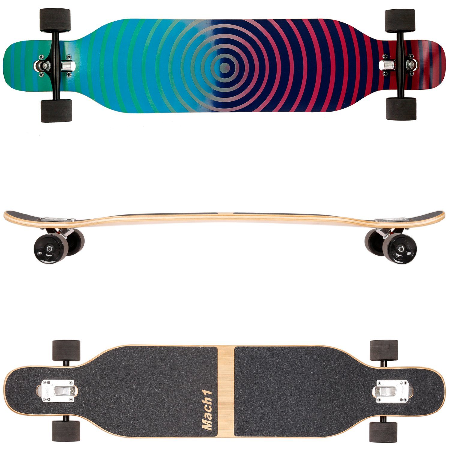Mach1 Longboard aus Bambus mit Keramik Kugellager - Camber Drop Through Cruiser Board (Spar-Set inkl. T-Tool und extra Bushings, Longboard + T-Tool + 4er Set 85A Bushings), Twin Tip