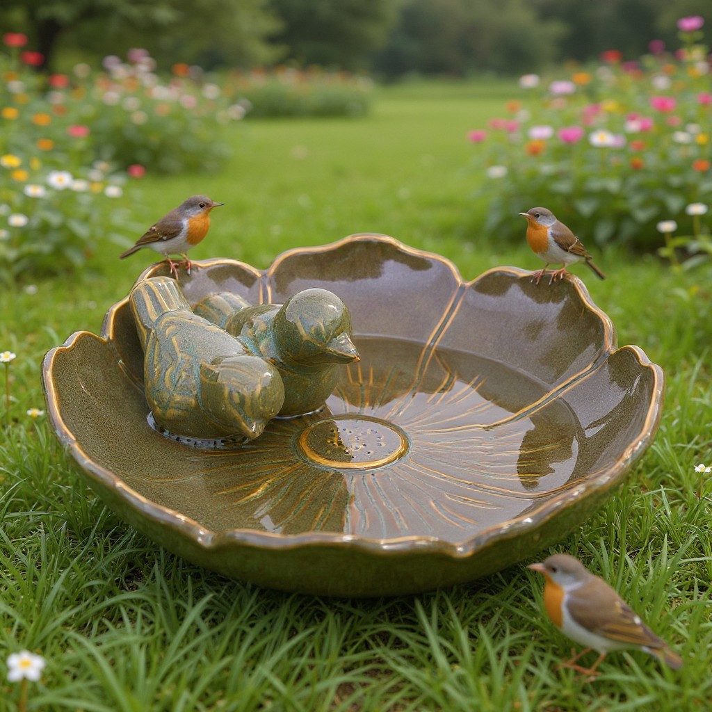 Fachhandel Plus Vogeltränke winterfest, Fleur, Ø 23 cm oder Ø 28 cm, mit 2 Deko-Vögeln, 5 Farben und 2 Größen zur Auswahl