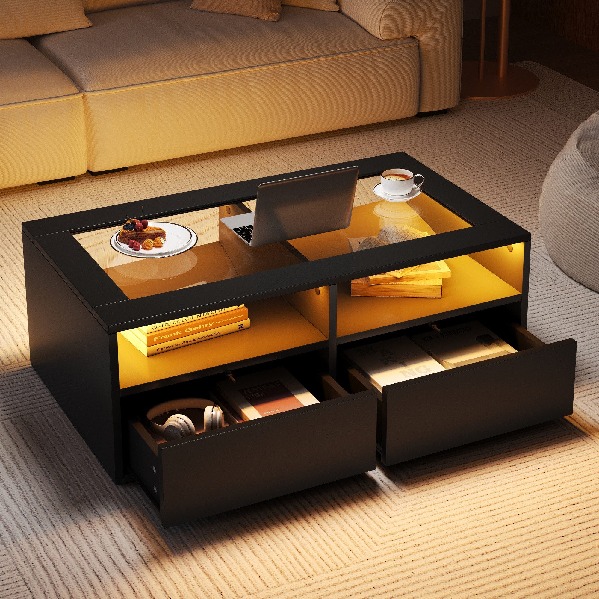 Merax Couchtisch Wohnzimmertisch Beistelltisch mit LED-Beleuchtung (100×50×35 cm, 1-St., zweistöckigem Design & modernem Look), Sofatisch mit gehärteter Glasplatte, 2 Schubladen & offenem Stauraum