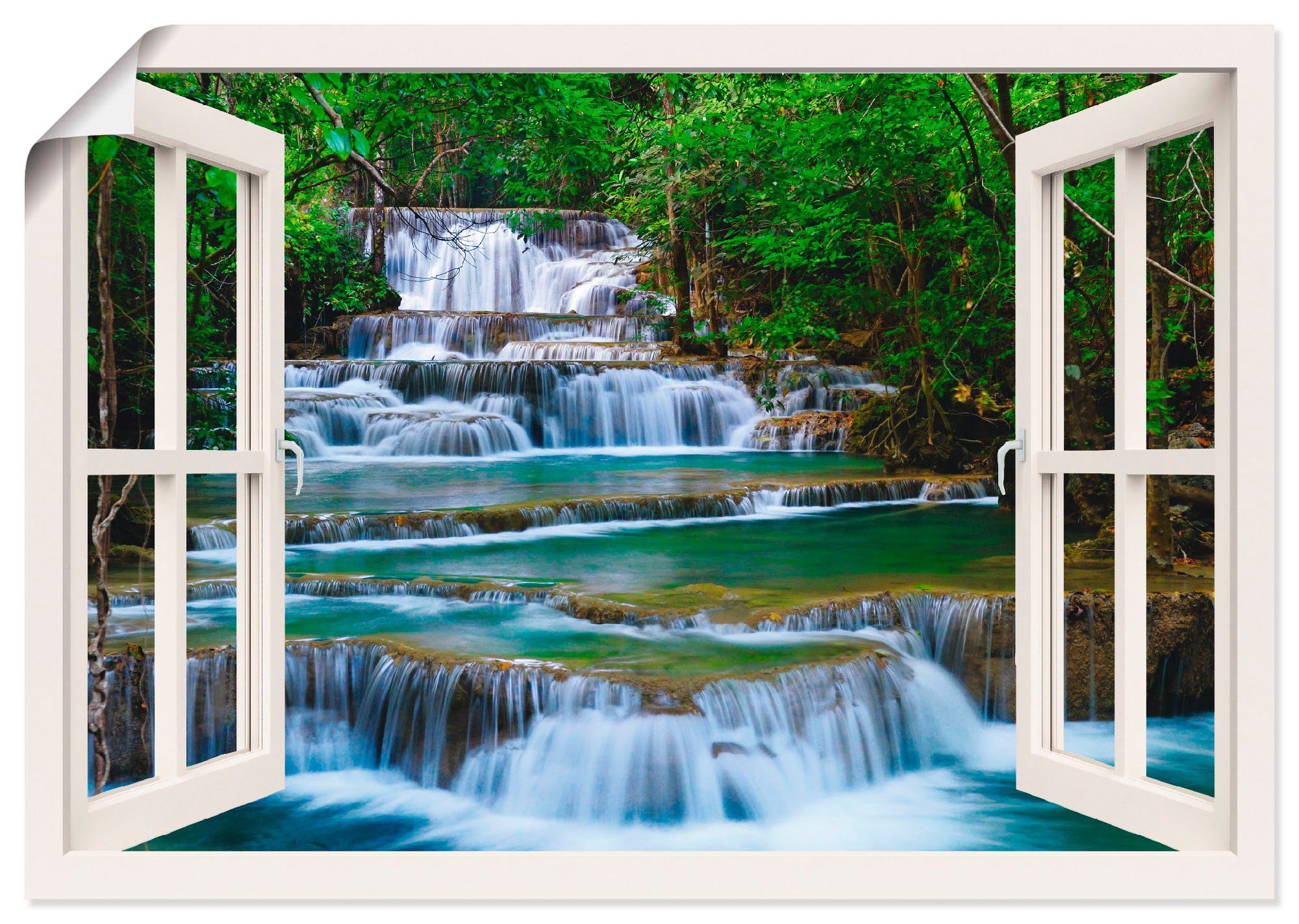 Artland Wandbild Fensterblick Wasserfall in Kanchanaburi, Fensterblick (1 St), als Leinwandbild, Wandaufkleber oder Poster in versch. Größen