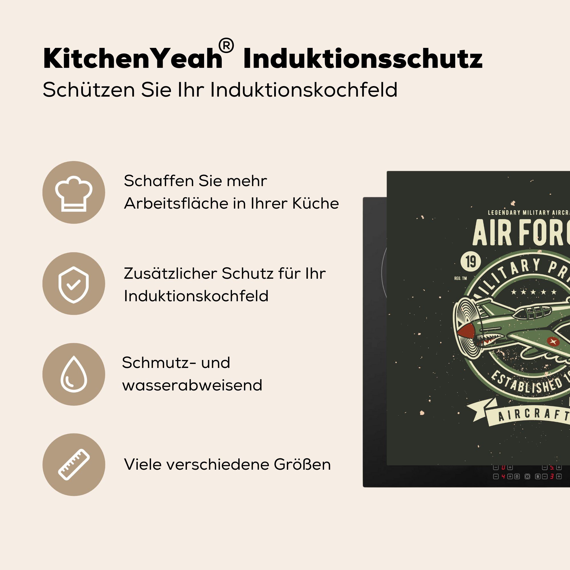 Vinyl, - tlg), für Altmodisch, 78x78 Herdblende-/Abdeckplatte Armee (1 - küche Arbeitsplatte Ceranfeldabdeckung, Flugzeug Mancave MuchoWow - cm,