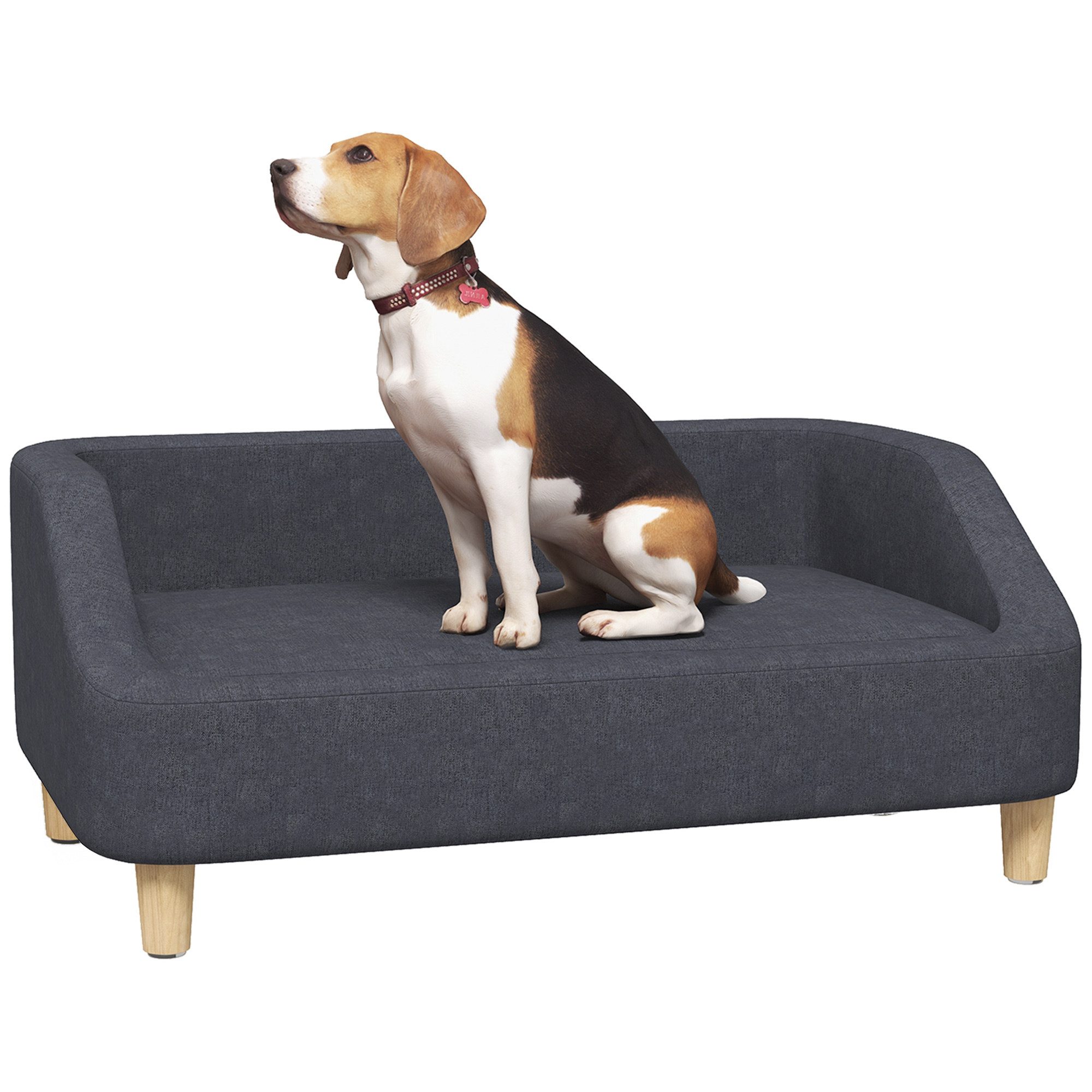 PawHut Tierbett Hundesofa, Haustiersofa Hundebett für mittelgroße und große Hunde, Leinen, Hundesessel mit Holzbeine, Dunkelgrau, 95 x 63 x 39 cm