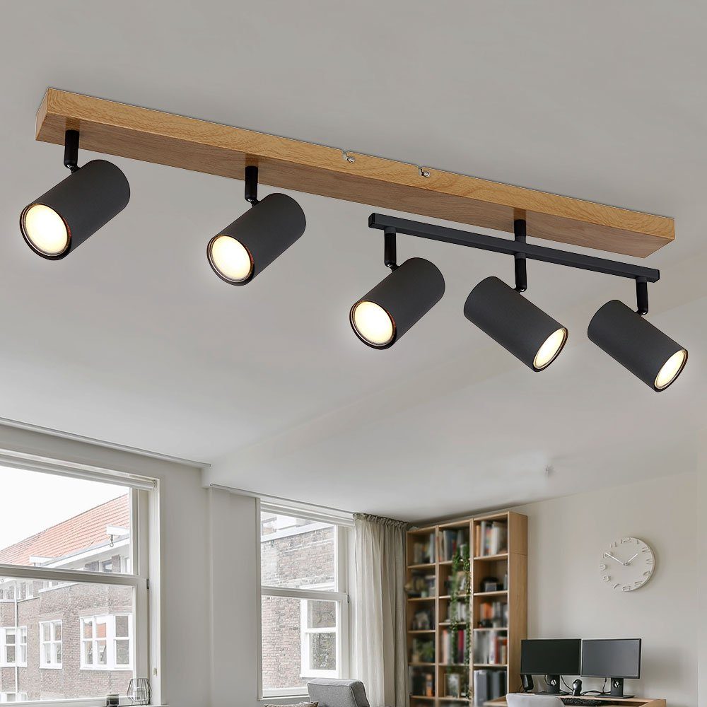 etc-shop Deckenleuchte, Leuchtmittel nicht inklusive, Deckenleuchte Spots Holzoptik Esszimmer GU10 schwarz 5 Flammig