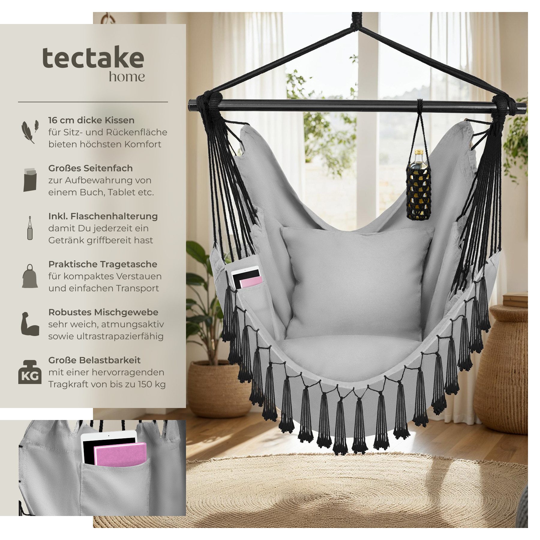 tectake Hängesessel Schaukelstuhl Malika, Boho-Style, Belastbarkeit günstig online kaufen