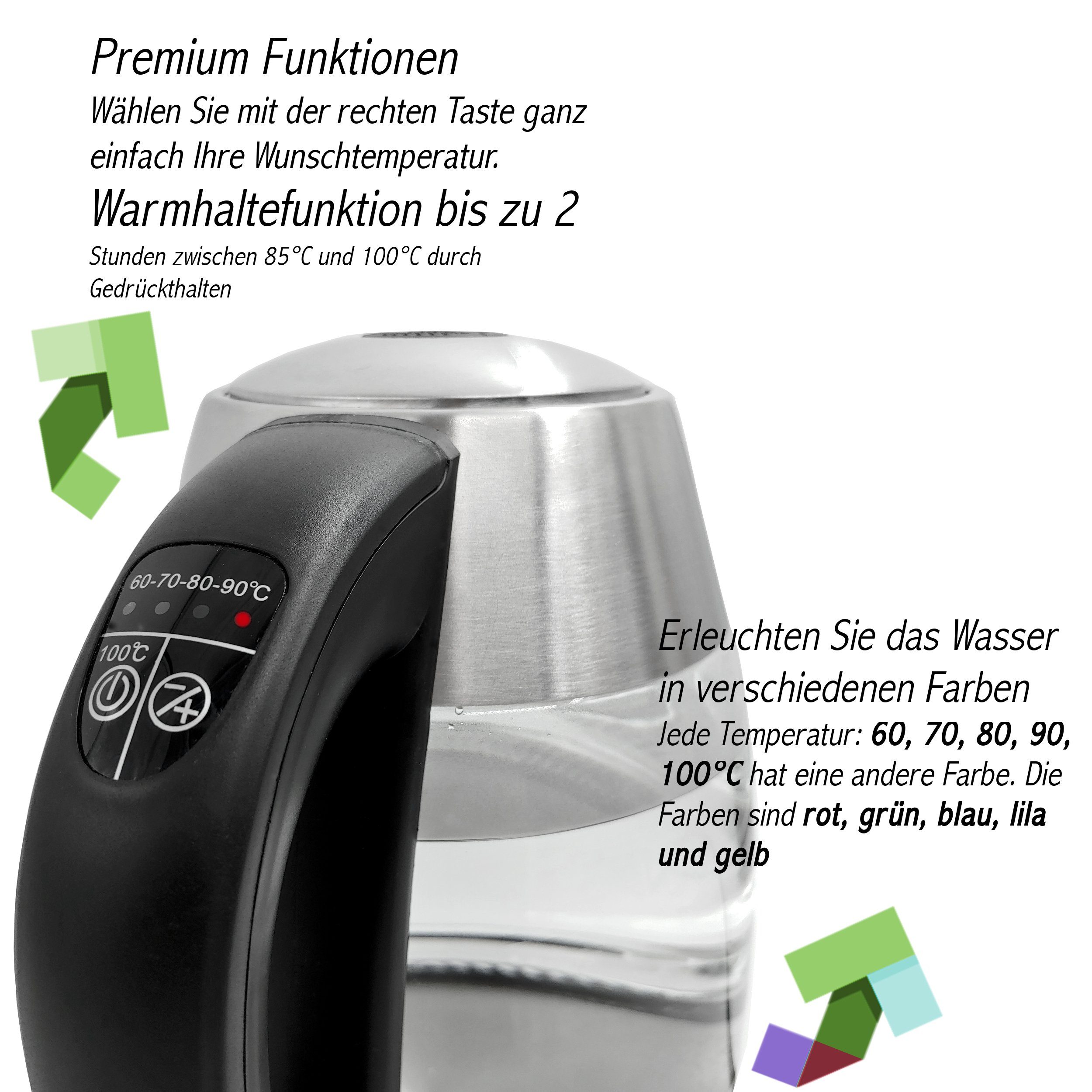 LMG Germany Wasserkocher 1,7 l Glas Edelstahl Wasserkocher 2200W, LED & Temperatureinstellung, 1,8 l, 2200 W, Edelstahlgehäuse, Temperatureinstellung, Schnellkochfunktion