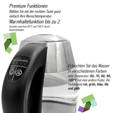 LMG Germany Wasserkocher 1,7 l Glas Edelstahl Wasserkocher 2200W, LED & Temperatureinstellung, 2200 W, Edelstahlgehäuse, Temperatureinstellung, Schnellkochfunktion