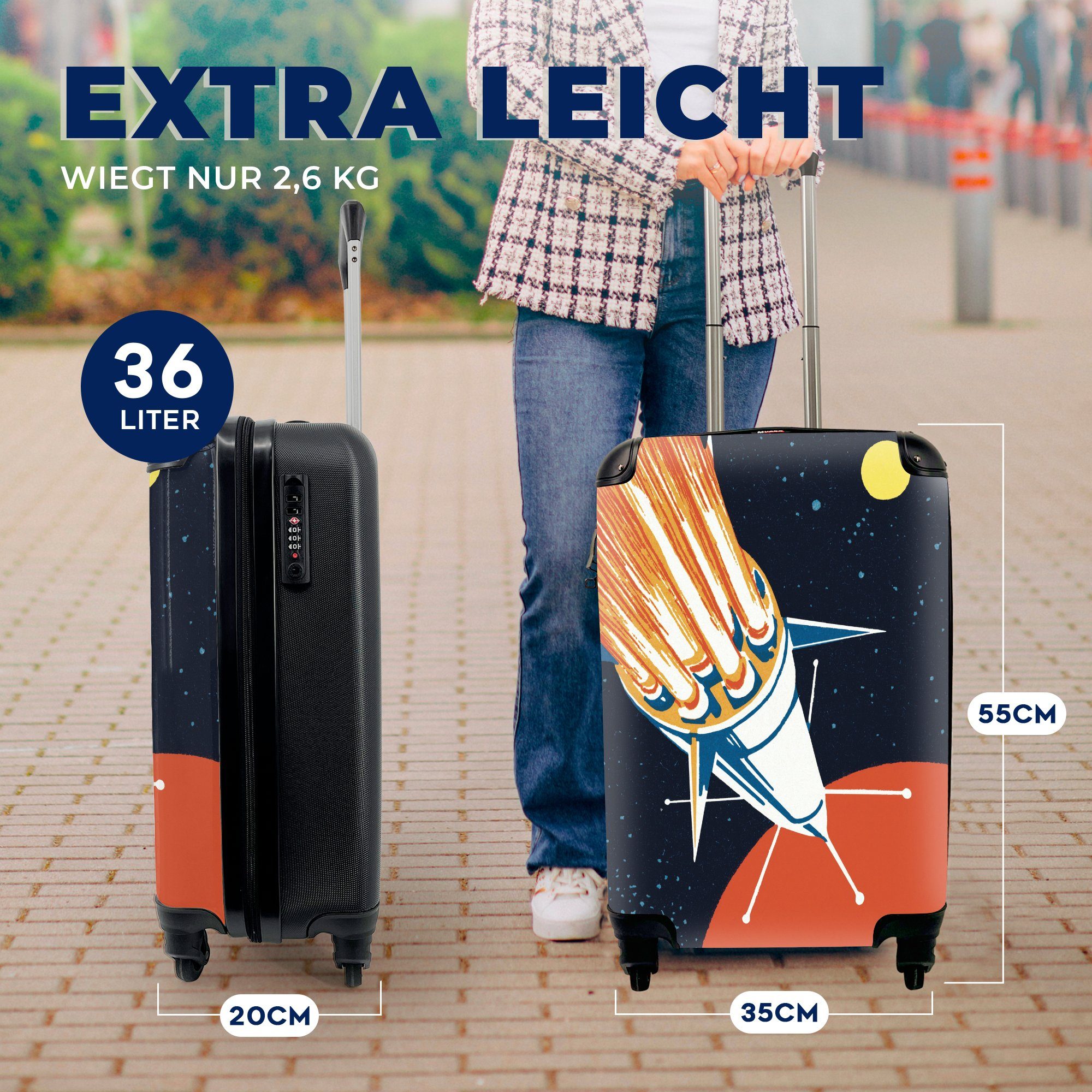 Rakete Reisekoffer Trolley, MuchoWow Reisetasche Handgepäck Handgepäckkoffer Ferien, Sterne Planet, - mit Rollen, für - rollen, 4