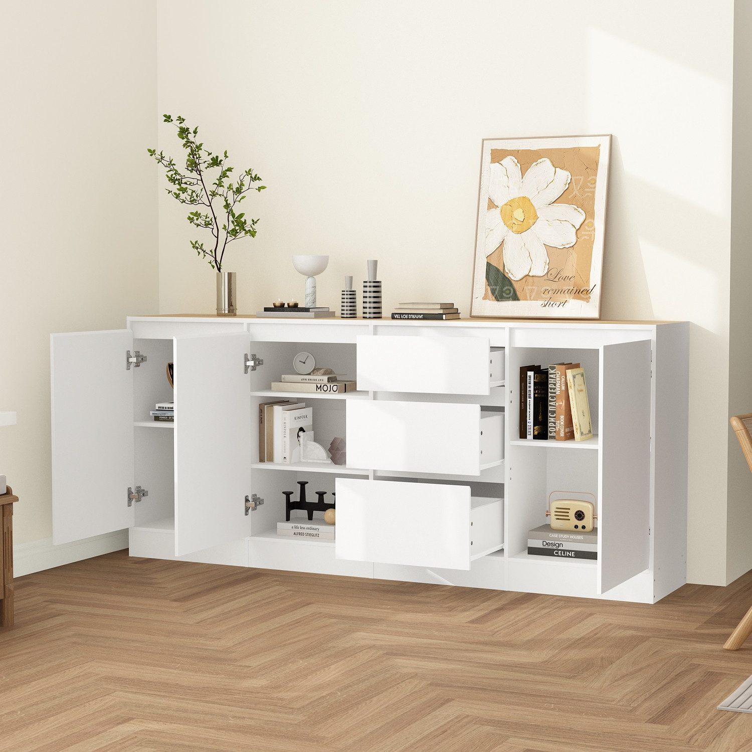 FUFU&GAGA Kommode Weiß PET Hochglanz Serie, 80-180 cm breit, Kommode Modern