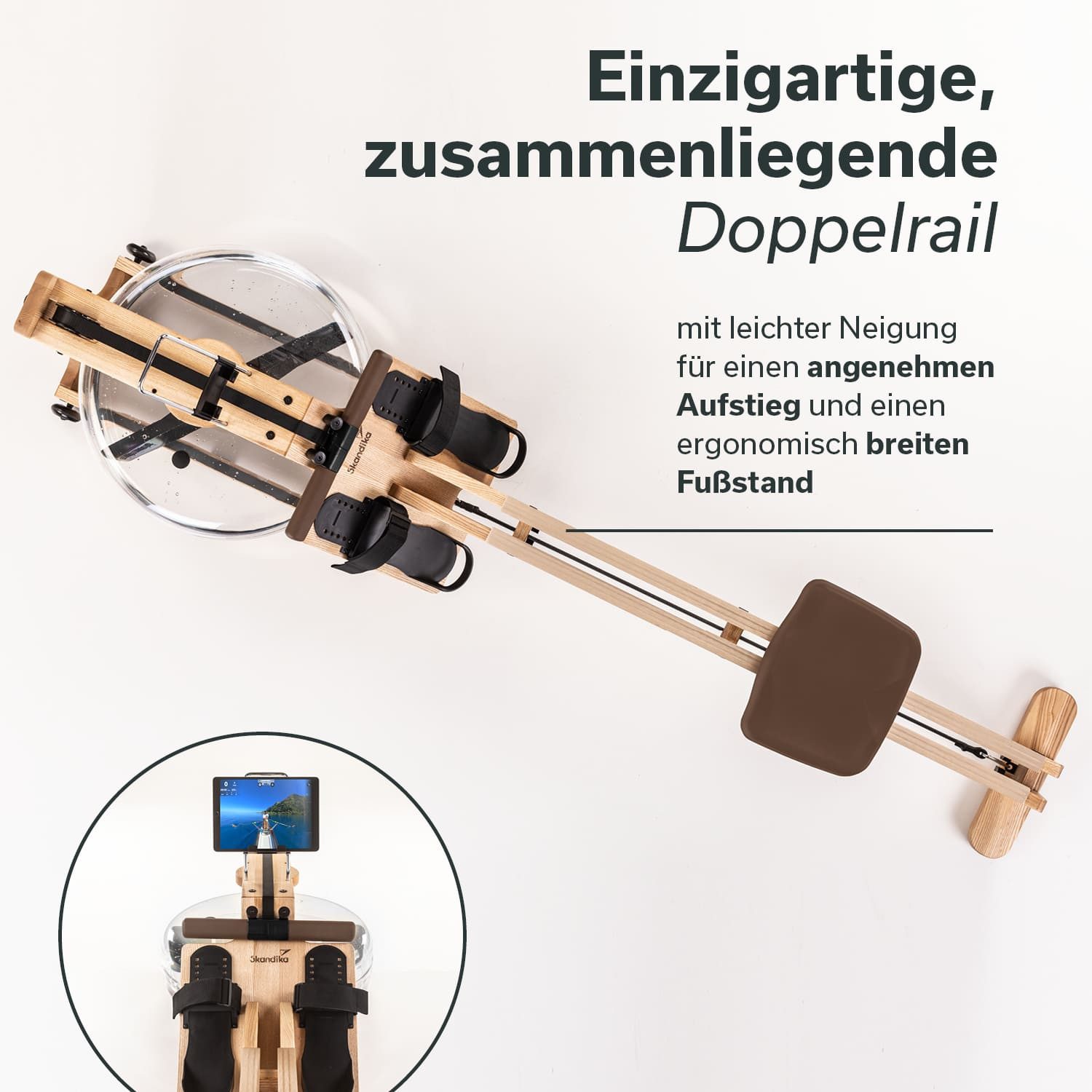 Skandika Rudergerät Styrke Wasser Rudermaschine für Zuhause aus Holz bis 180 kg, Bluetooth, bis 180 kg, Bluetooth, Kinomap App, massive Esche, natürliches Rudern