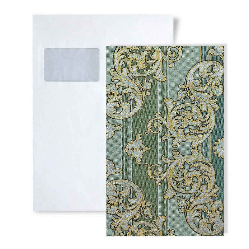 Edem Papiertapete S-580-35, Metall-Effekte, ornamental, Barock-Style, Textil-Optik, (1 Musterblatt, ca. A5-A4), grün, kiefern-grün, perl-gold, silber
