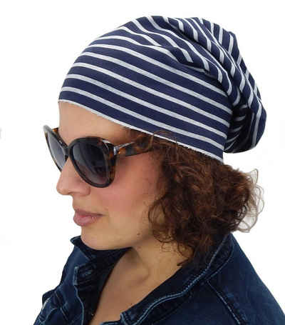 Ella Jonte Beanie Long Beanie maritim blau grau Streifen Baumwolle