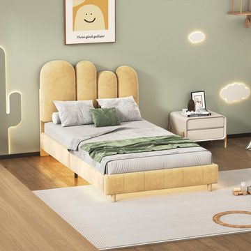 REDOM Polsterbett Kinderbett, mit Unterbett-LED-Lichtleiste in warmem Gelb, Samt (90x200 cm, Daumenform Kopfteil, mit Holzlatten 90x200 cm), ohne Matratze