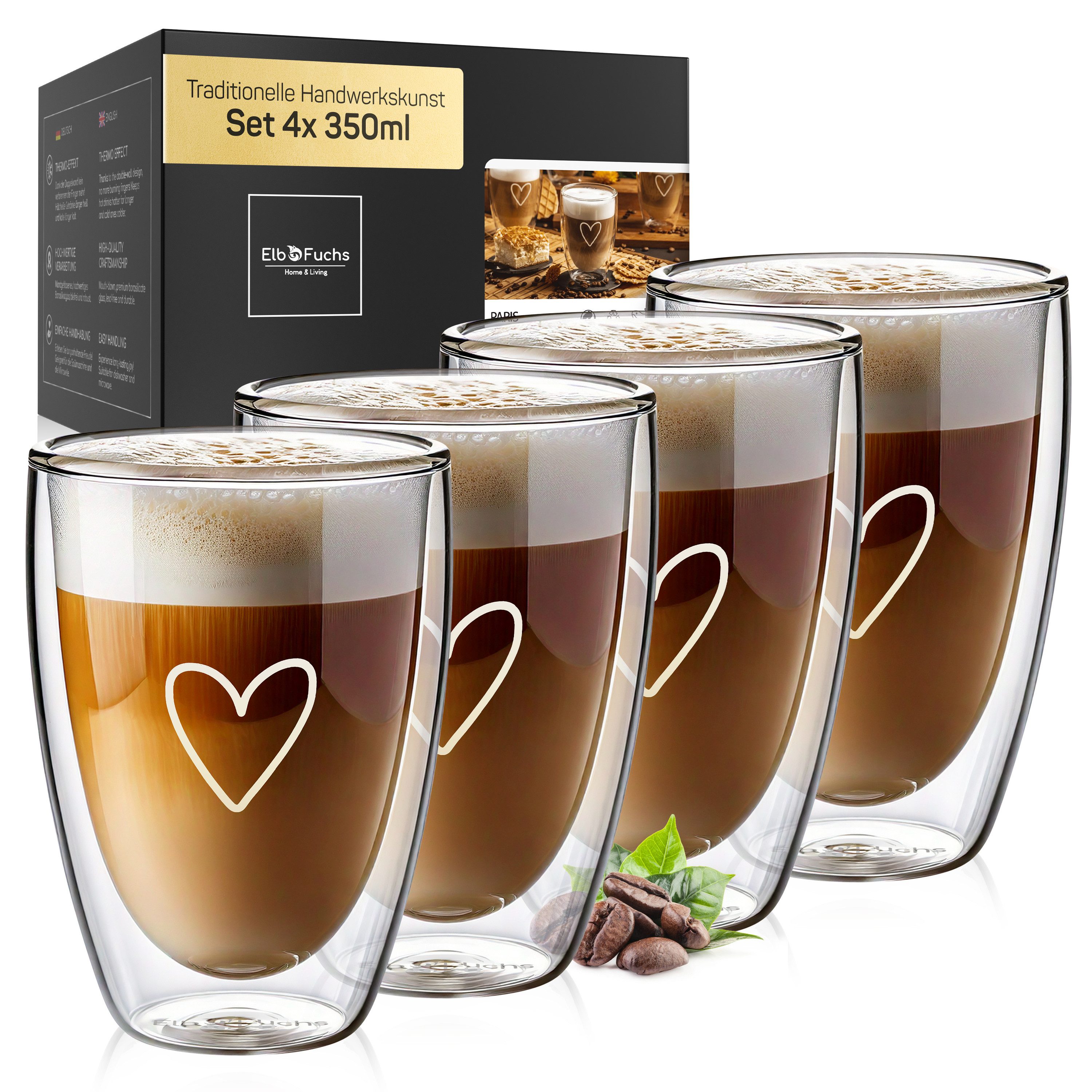 ElbFuchs Latte-Macchiato-Glas Paris, 350 ml, Borosilikatglas, 4-tlg., Doppelwandiger Thermoeffekt