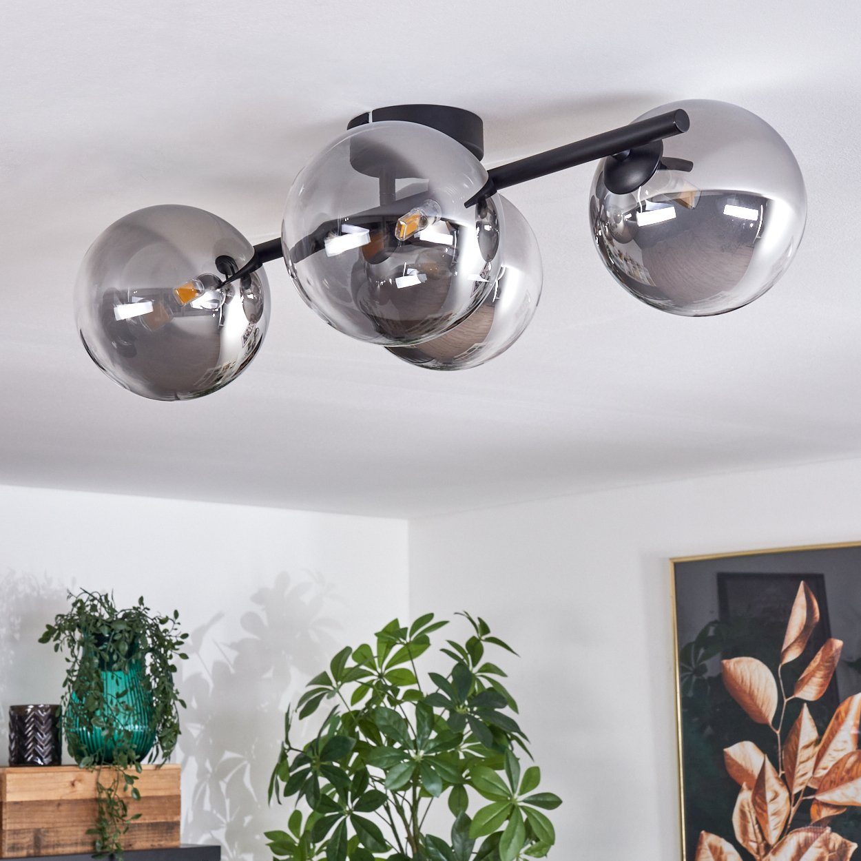 hofstein Deckenleuchte Deckenlampe aus Metall/Glas in Schwarz/Rauchfarben/Klar, ohne Leuchtmittel, Leuchte im Retro-Design aus Glas, 4 x G9 LED, ohne Leuchtmitt – Bild 2 von 5