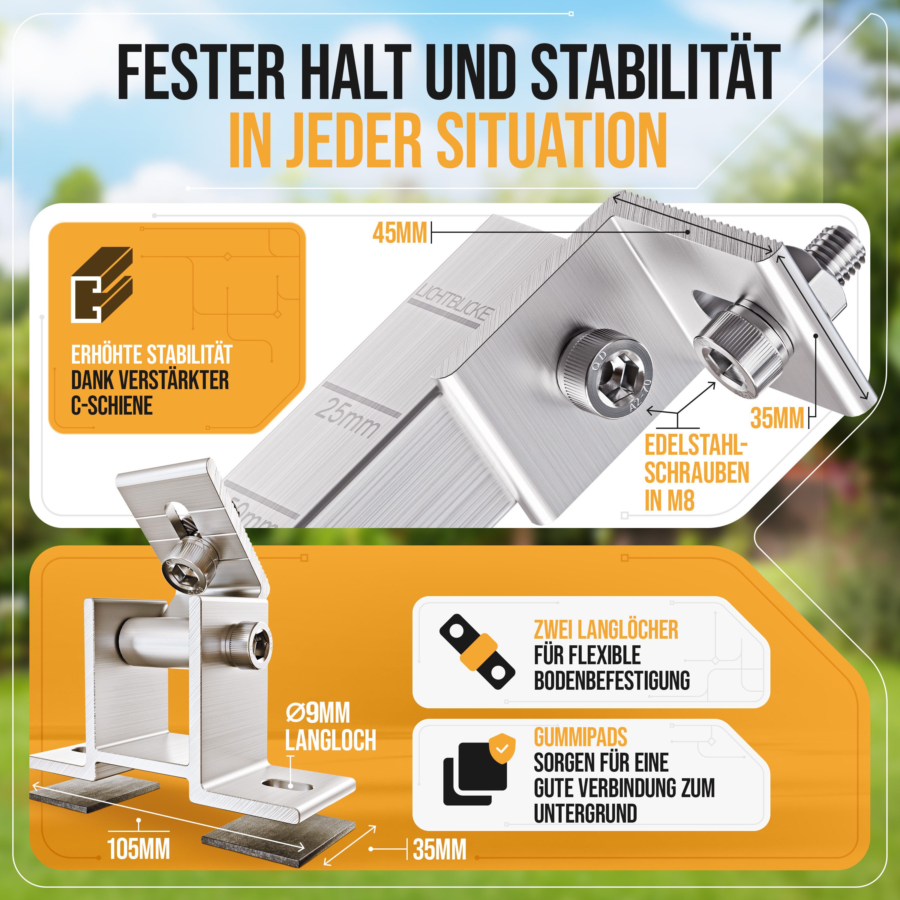 Lichtblicker Solarmodul-Halterung Balkonkraftwerk Halterung für 2x Solarmodule. Wand, Balkon, Flachdach, (verstellbar von 42 bis 70 cm; geeignet für Balkon, Wand, Flachdach, witterungsbeständiges Aluminium, hochwertige Edelstahlschrauben)