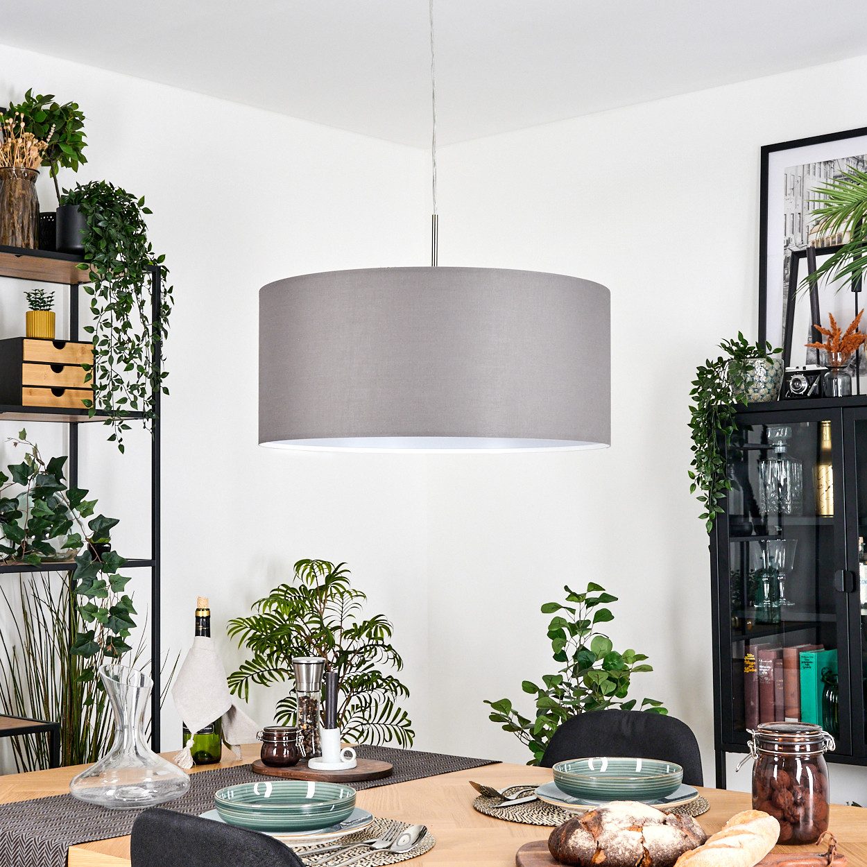 hofstein Hängeleuchte Hängelampe aus Metall/Stoff in Nickel-matt/Chromfarben/Grau/Weiß, Pendelleuchte im modernen Design (Schirm Ø 53 cm), E27, 120 cm