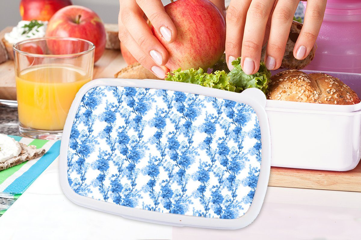 MuchoWow Lunchbox Blumen Blüte - weiß - Kunststoff, Blau, und und Muster (2-tlg), Kinder Erwachsene, für Mädchen - für Brotdose, Brotbox Jungs