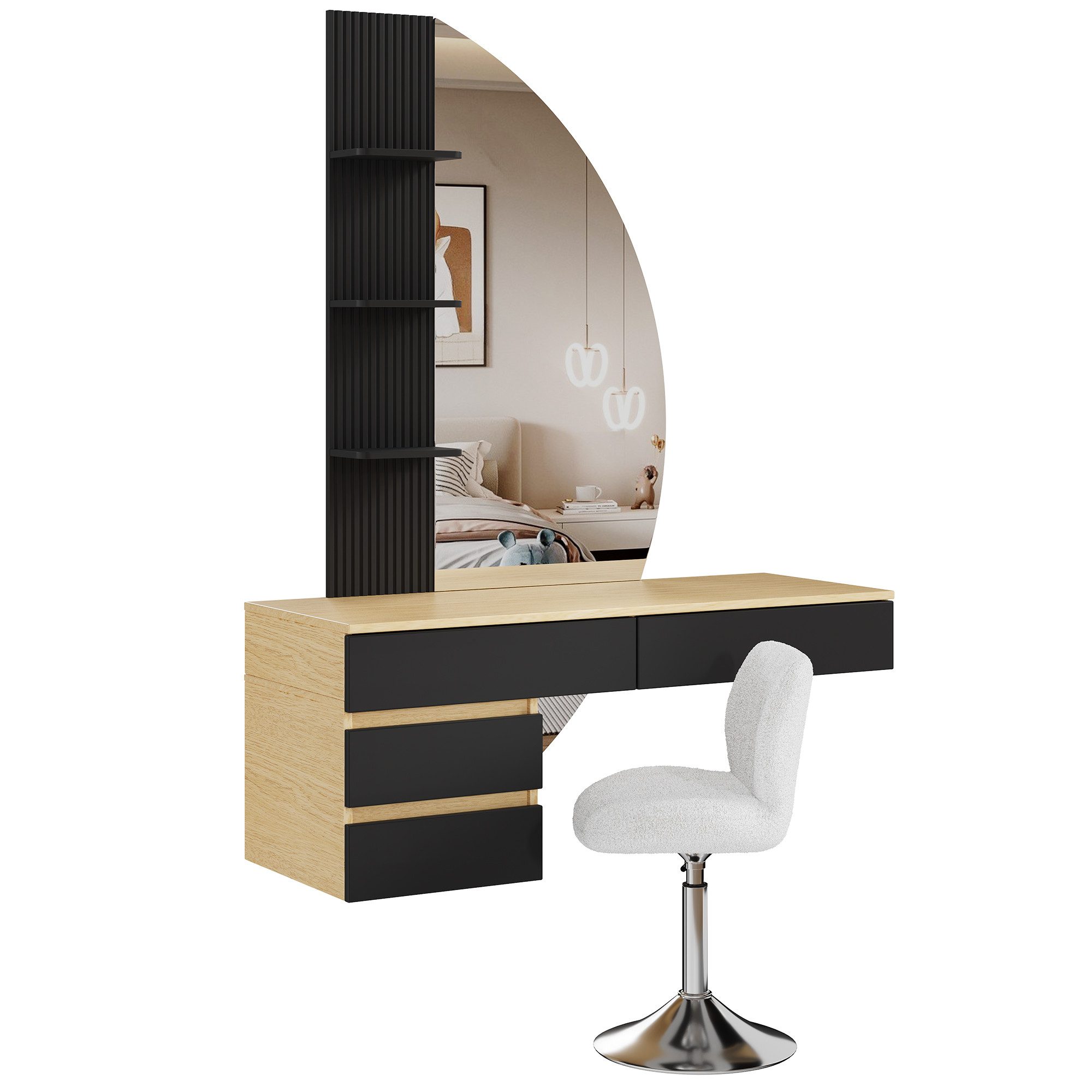 HOMALL Schminktisch Hängender Schminktisch mit drei einstellbaren Farbtemperaturen (LED-Silikon-Lichtleiste in drei Farben, Maße: 106 × 40 × 143 cm, mit 3 offen – Bild 2 von 5