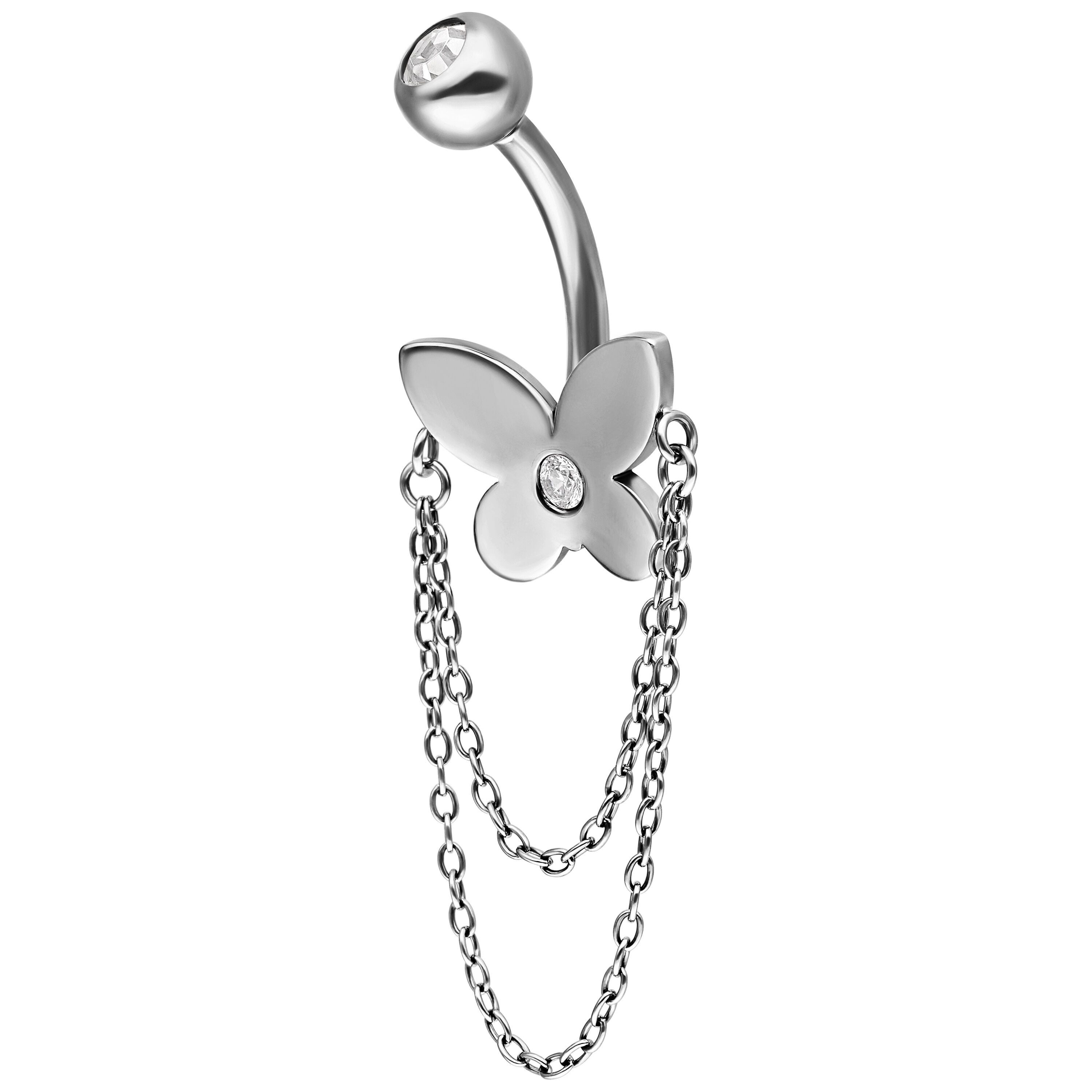 Wildcat Bauchnabelpiercing Butterfly with Chains Bananabell für Bauchnabel, 1 Stück, Titan Grad 23 - wasserfest, hautverträglich, Silber