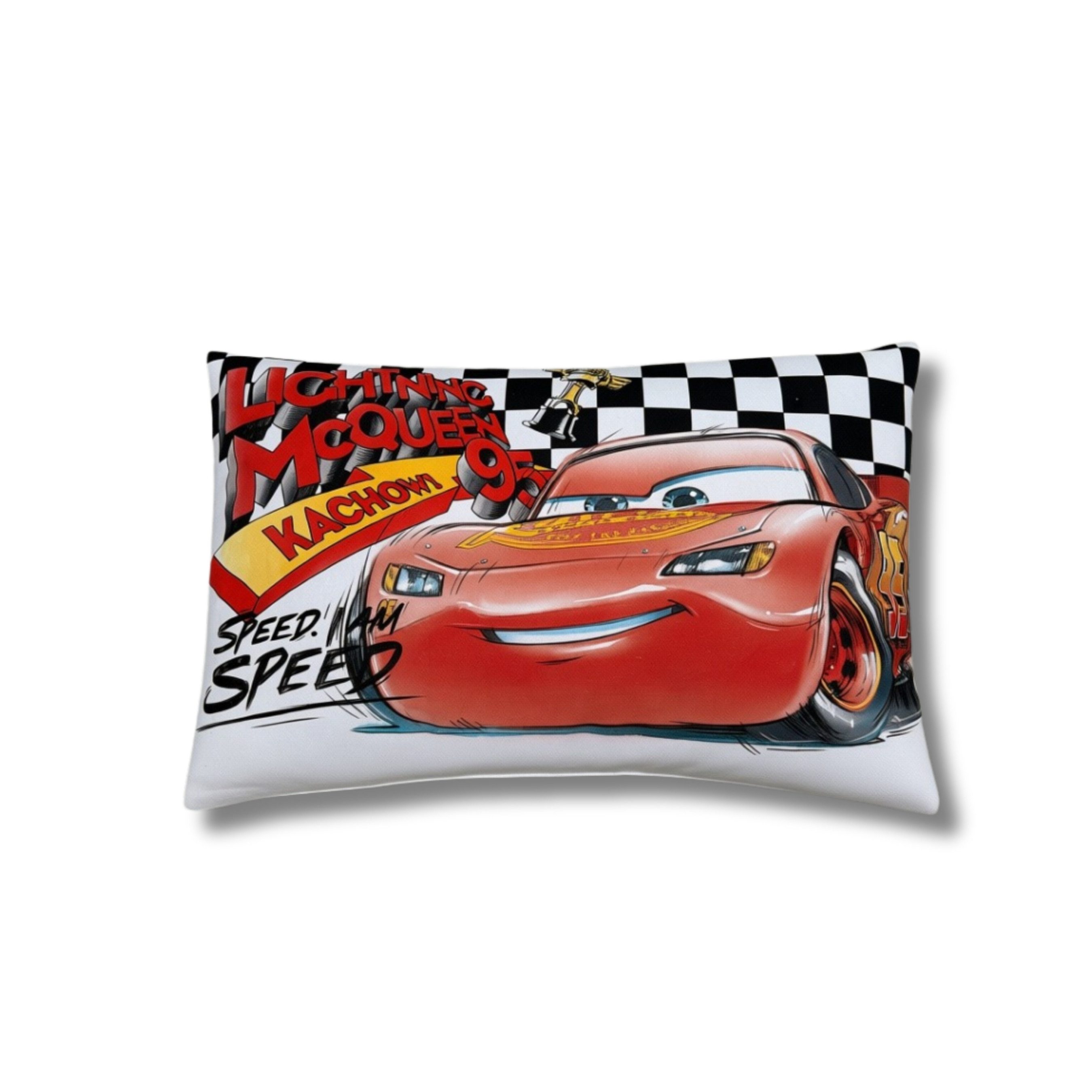 MTOnlinehandel Dekokissen Disney Cars 30x50 cm, Lightning McQueen Wendekissen, Kuschelkissen mit zwei Motiven, Rennwagen & Zielflaggen-Look