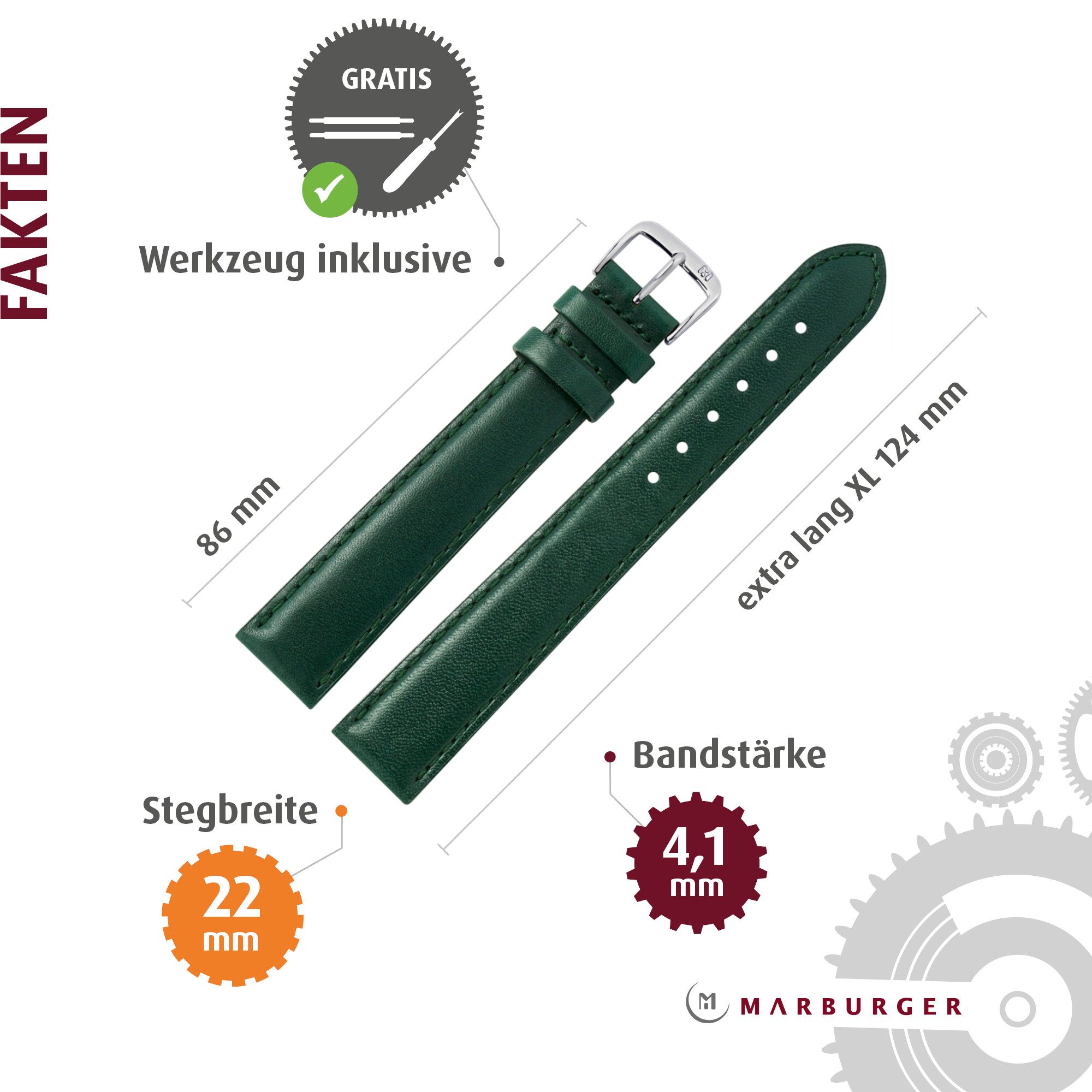 MARBURGER Uhrenarmband 22mm Leder XL Extra Lang
