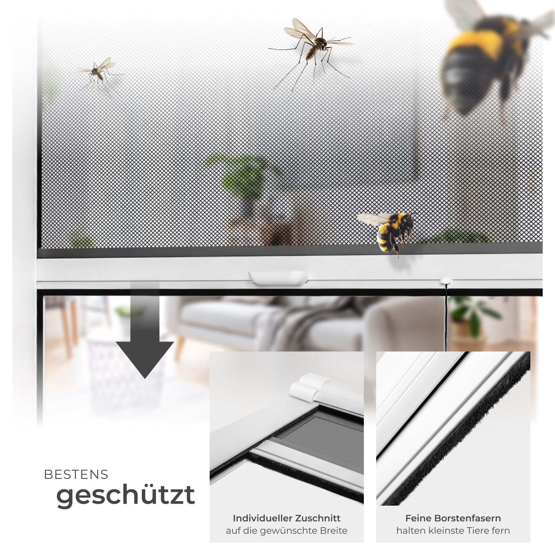 tectake Insektenschutz-Fensterrahmen Aluminium Insektenschutzrollo, licht- und luftdurchlässig, (Mückenschutz, in weiß), mit Bürstendichtungen, kürzbar, wetter- und UV-beständig