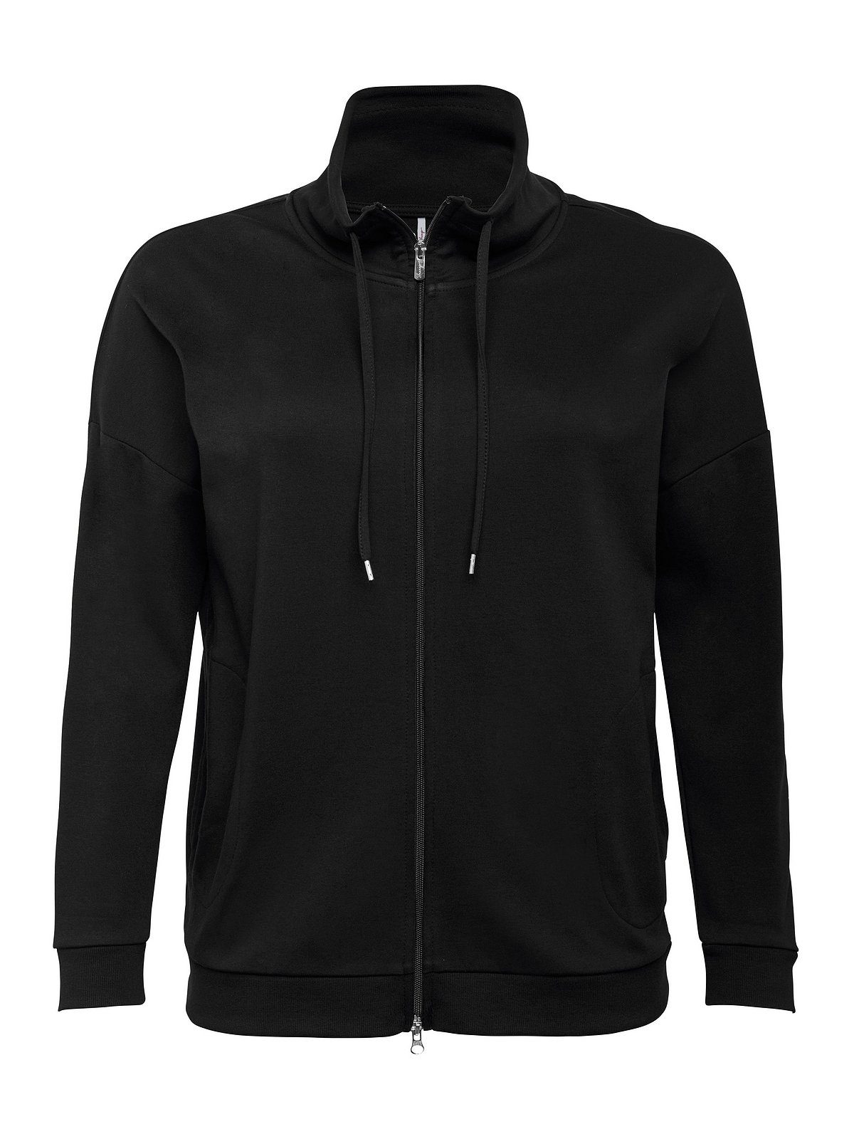 Große Stehkragen Sweatjacke Größen schwarz mit Bindeband Sheego und