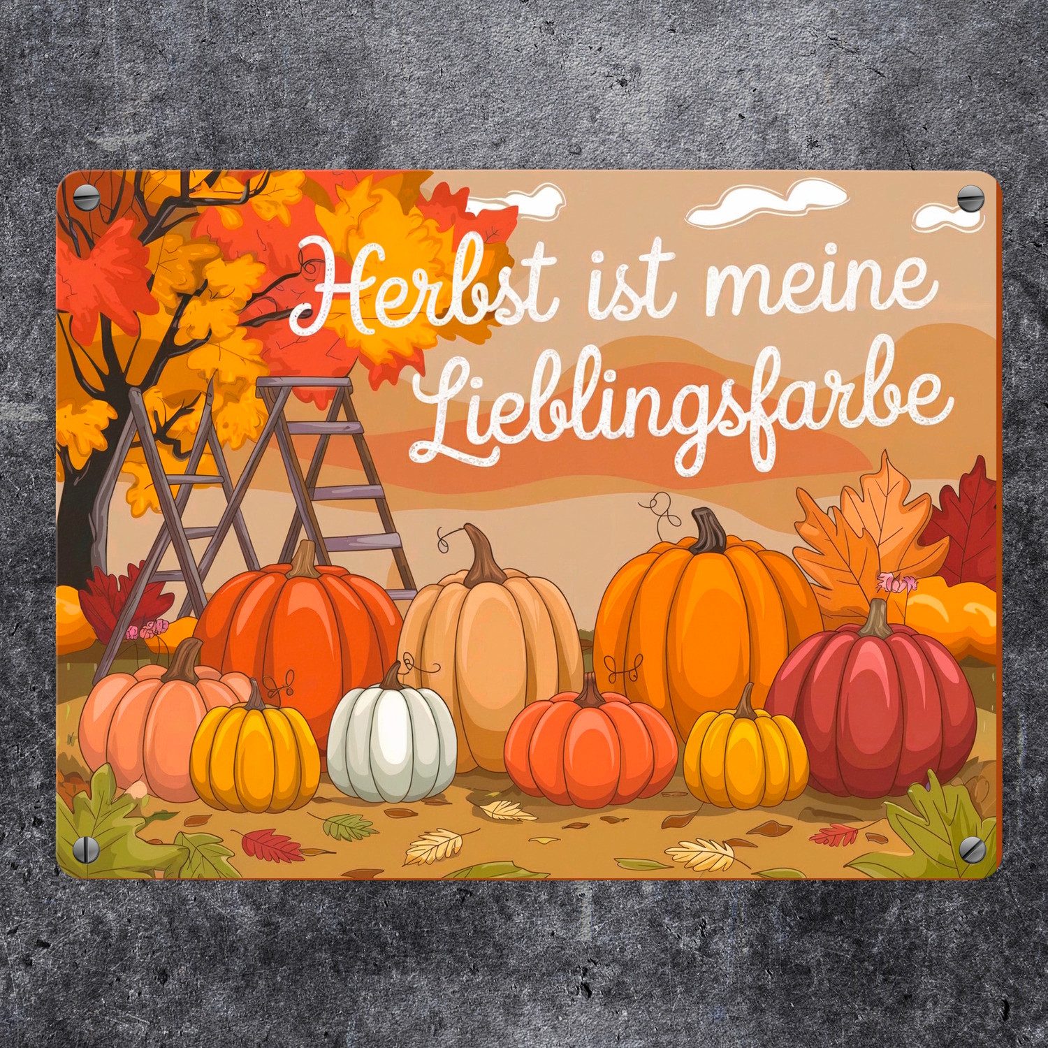 speecheese Metallschild Herbstliche Landschaft mit Kürbissen Metallschild in 15x20 cm Herbst