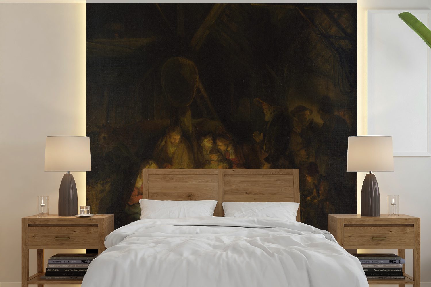 MuchoWow Fototapete Anbetung der Hirten - Gemälde von Rembrandt van Rijn, Matt, bedruckt, (5 St), Vinyl Tapete für Wohnzimmer oder Schlafzimmer, Wandtapete