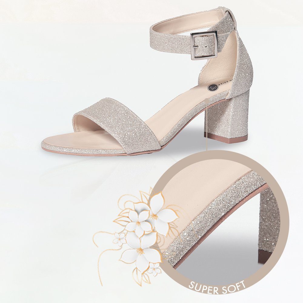 Sandale Blockabsatz Glitter Now! Sandale Silber Peep-toe creme Brautschuh Satin Bride