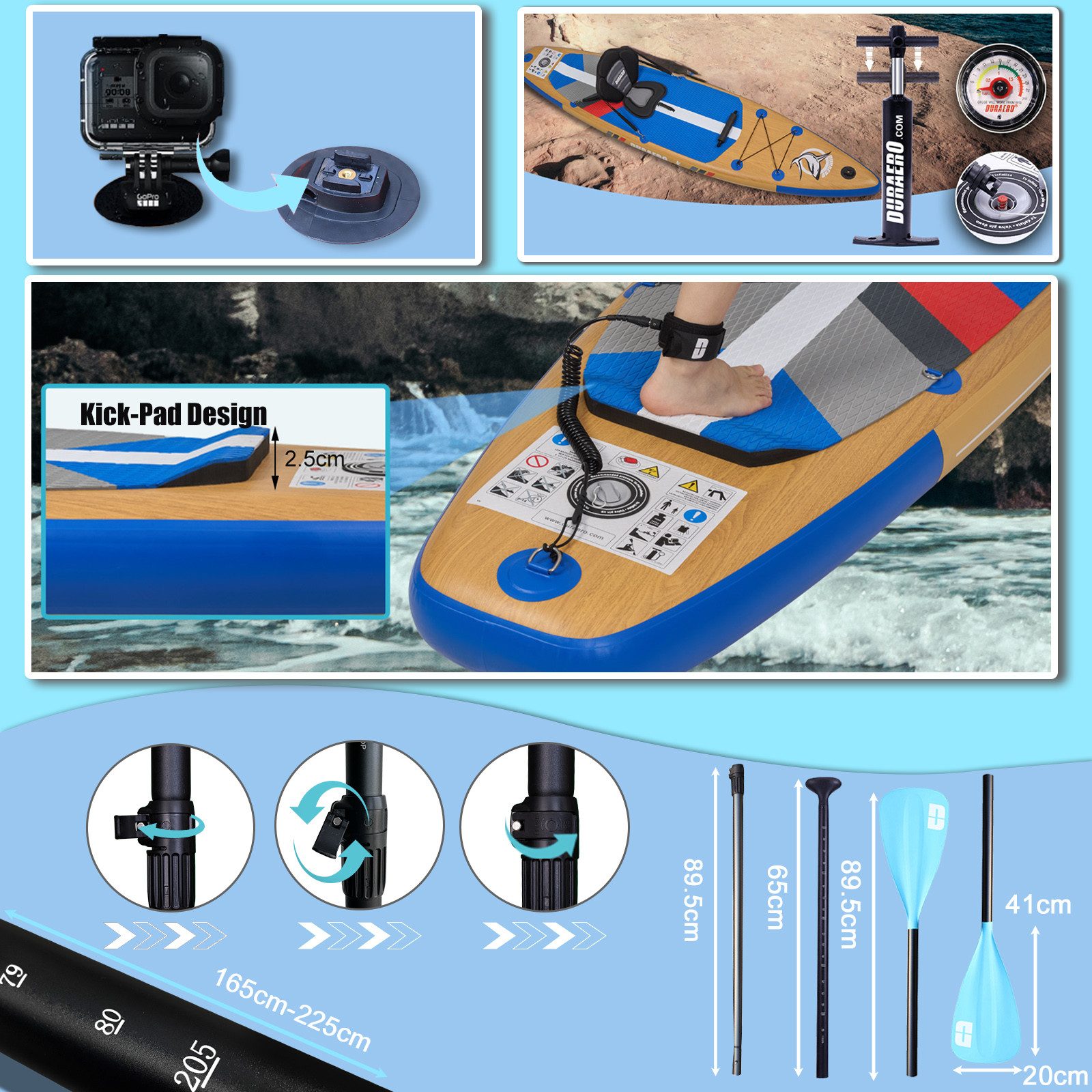 DURAERO Inflatable SUP-Board Stand up Paddle Board SUP, 330x76x15cm, Tragkraft bis 150Kg,Holzoptik