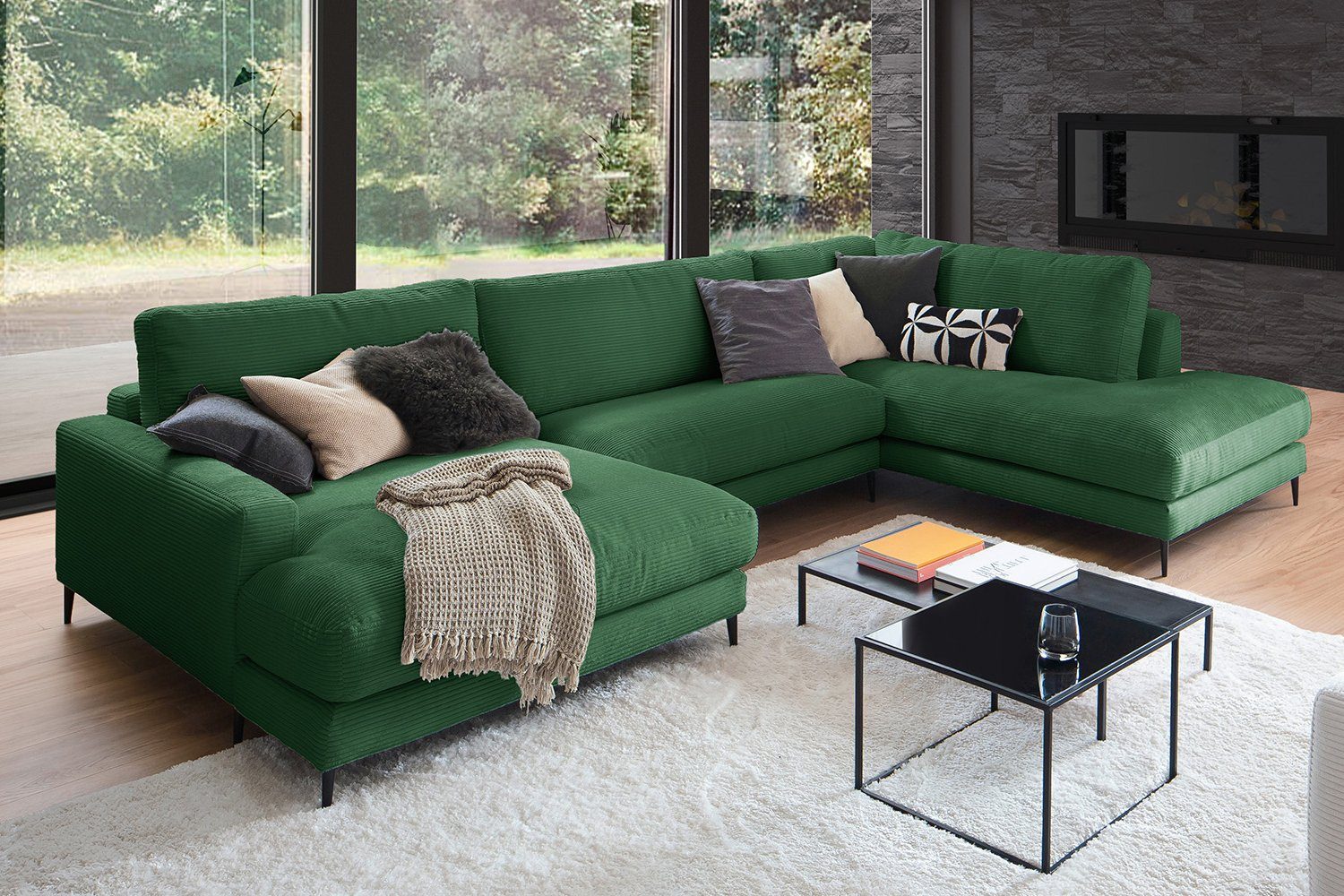 versch. CARA, links, KAWOLA Cord, od. smaragd Longchair rechts Farben Wohnlandschaft U-Form Sofa