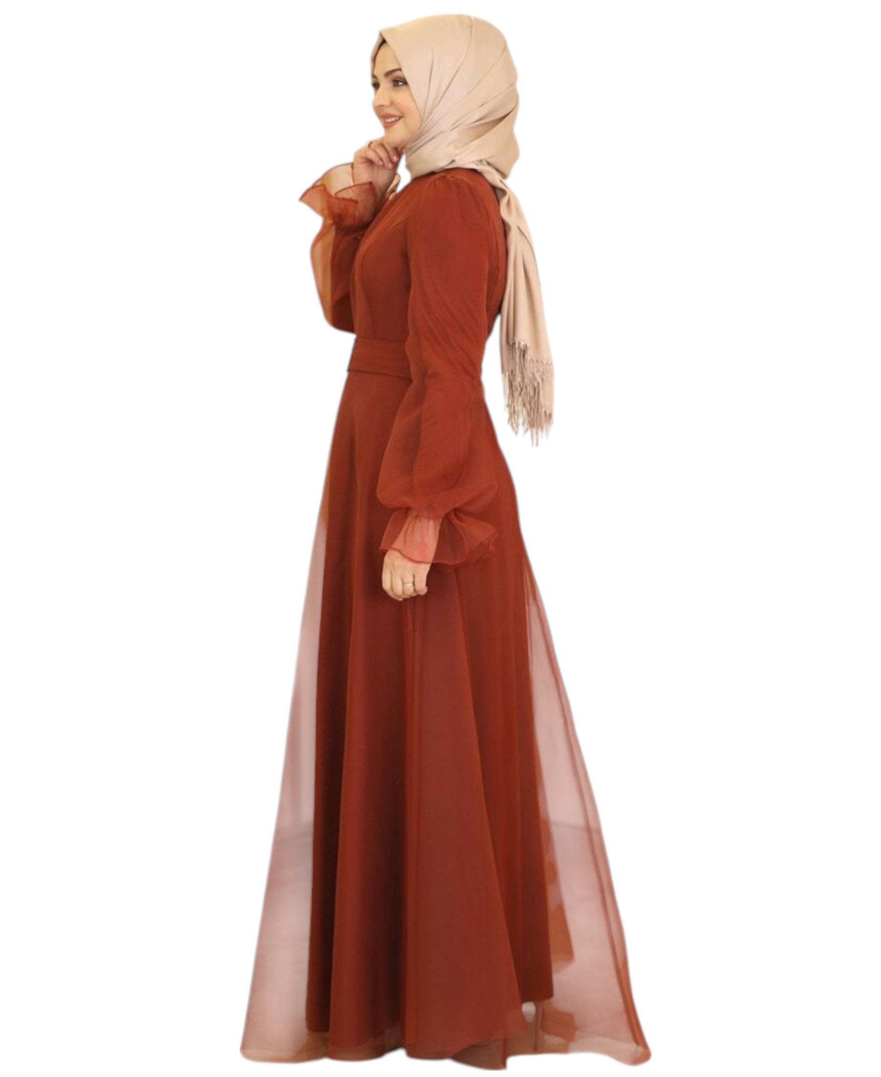 Modavitrini Abendkleid Damen Tüll Maxikleid Langarm – Festkleid mit Gürtel Modest Fashion Gürtel mit Schmucksteinen