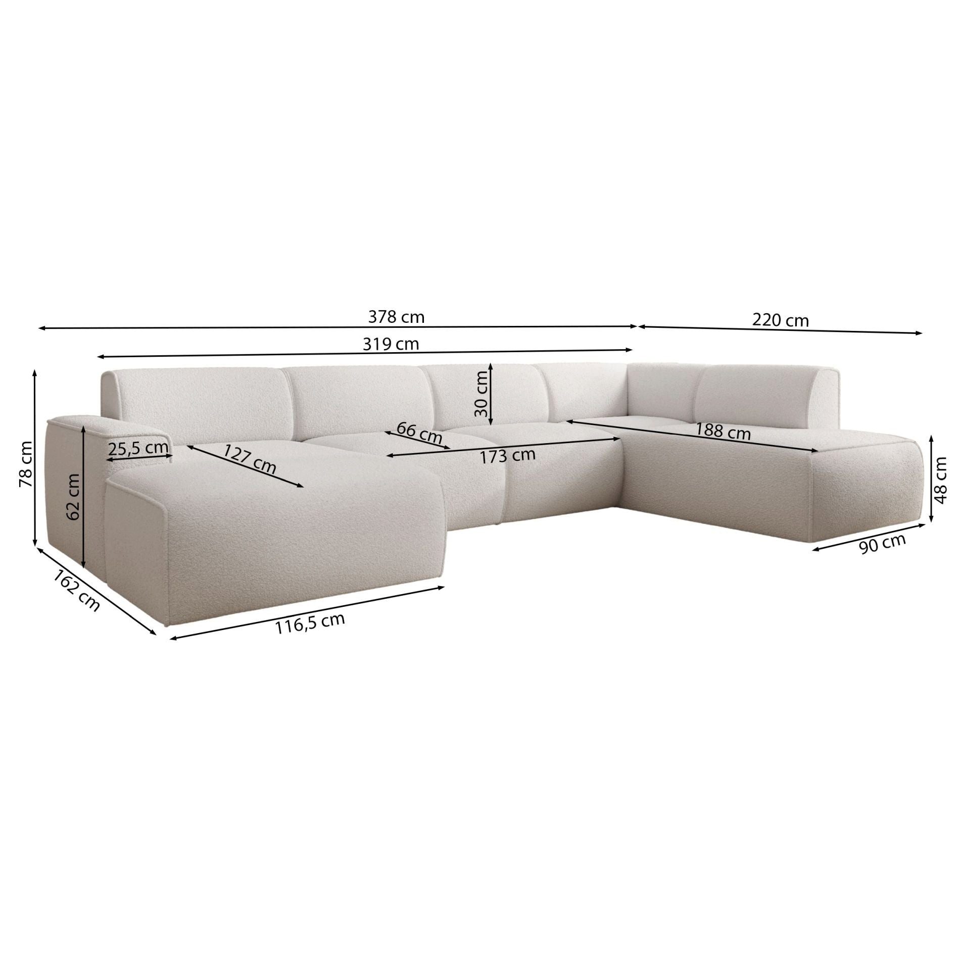 Selsey Ecksofa BOUVI, U-Sofa mit Rückenlehne an der Ottomane, Bouclé