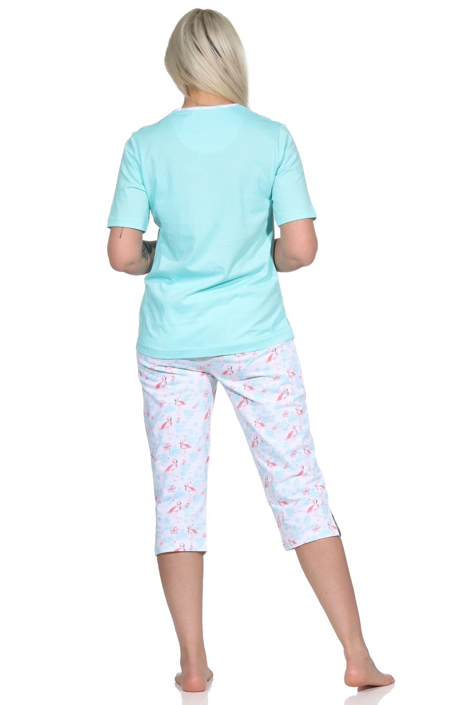 kurzarm Flamingo Motiv helltürkis Pyjama mit Capri Normann Schlafanzug Damen