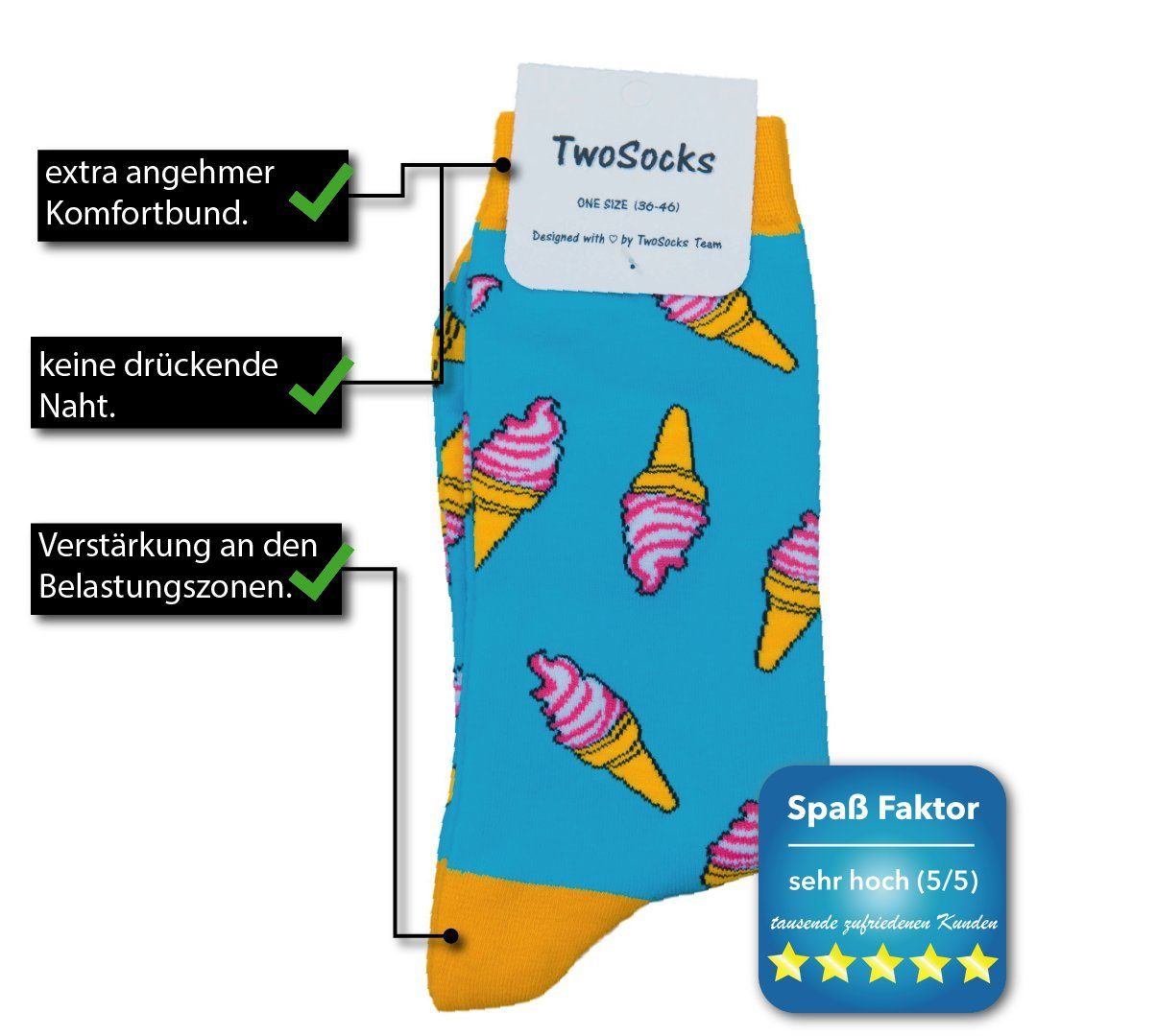 Damen, lustige Eis Socken Herren Einheitsgröße TwoSocks Freizeitsocken & Socken