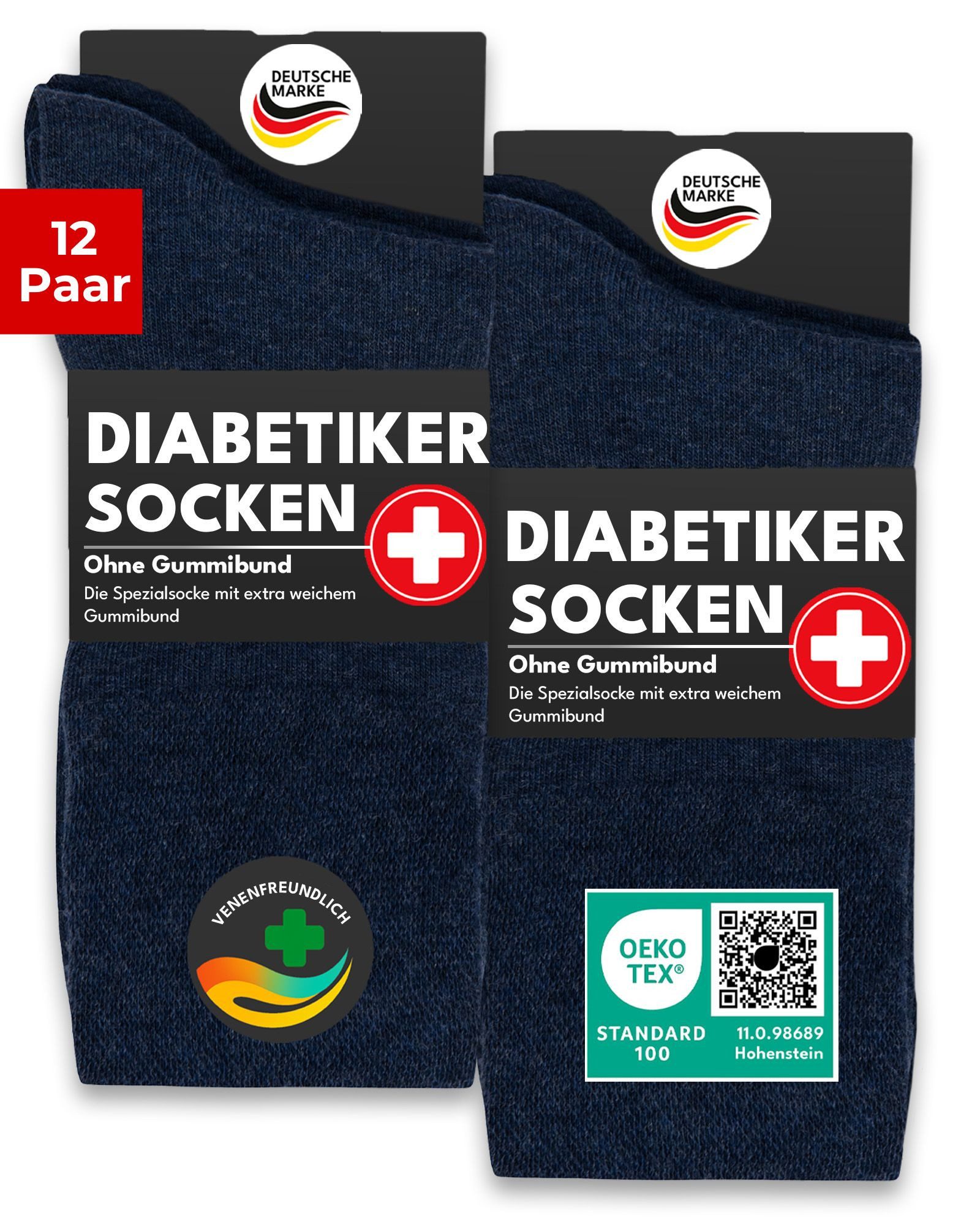 sockenkauf24 Diabetikersocken ohne Gummibund 97% Baumwolle mit Komfortbund ohne Naht (12-Paar) Diabetiker Socken ohne Gummi für Damen & Herren