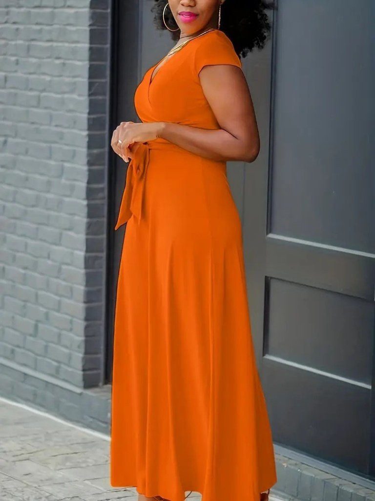 Moda Yakamoz Midikleid JANE'S Damen Kurzarm V-Ausschnitt Gürtel Maxi Länge Viskose Kleid