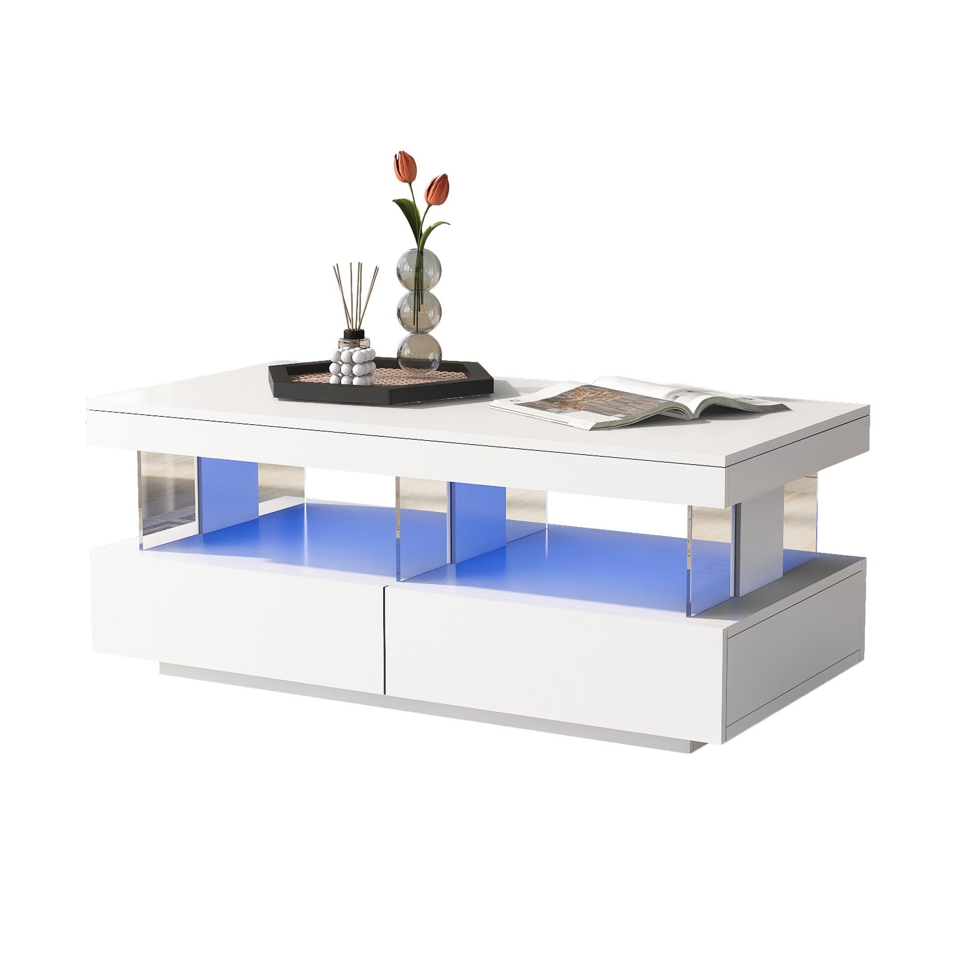 Holztisch (glatte Moderner Glanz Wohnzimmertisch SPLOE Couchtisch Hochglanz-Sofatisch Schwarz Tischplatte Moderner Wohnzimmer, Sofatisch LED-Beleuchtung Kaffeetisch HAUSS für 100*60*49.5cm), Weiß