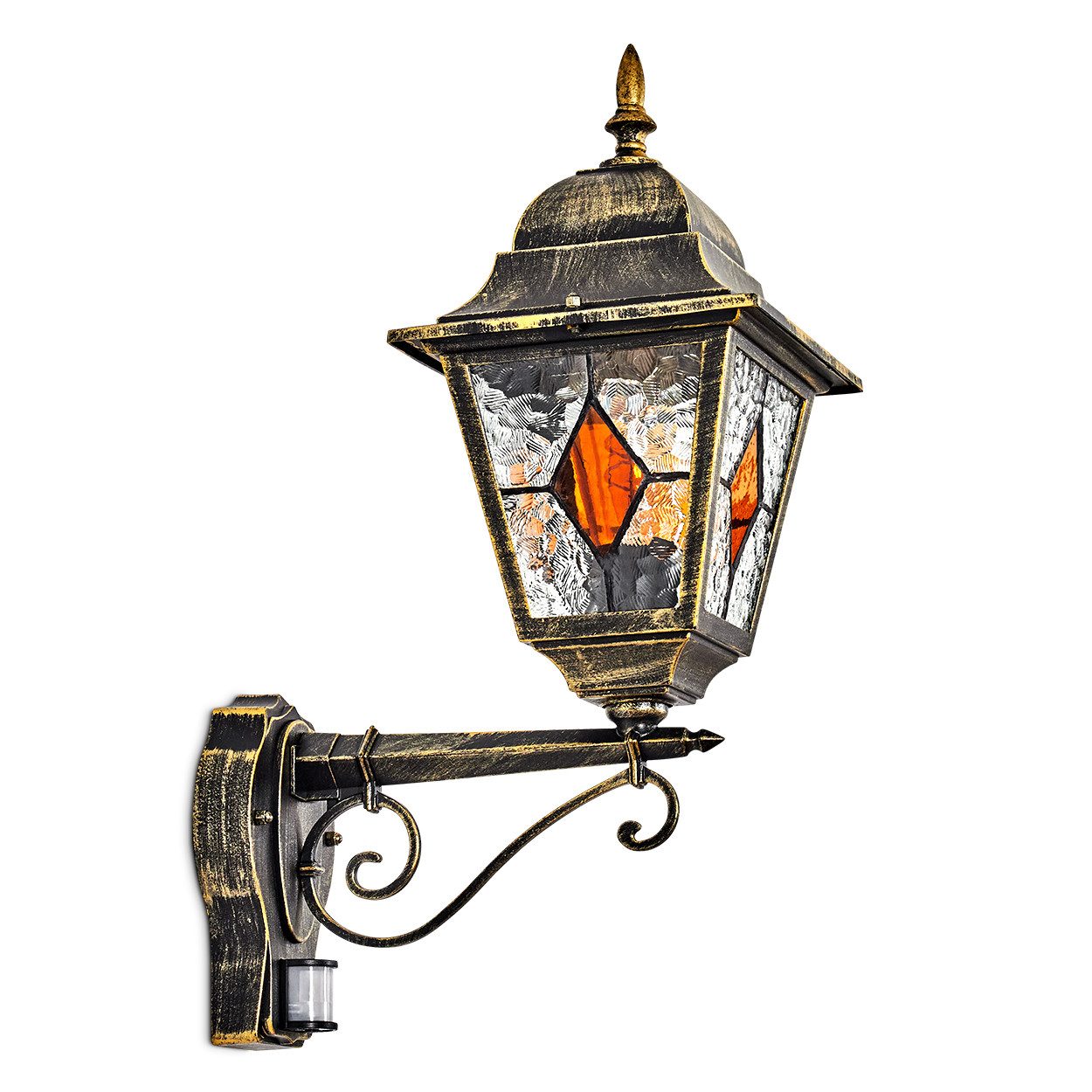 hofstein Außen-Wandleuchte Außenwandlampe m. Bewegungsmelder aus in Gold/Schwarz/Klar/Bernstein, ohne Leuchtmittel, Außenwandleuchte im Retro/Vintage/Antik/Landhaus-Design, E27, IP44