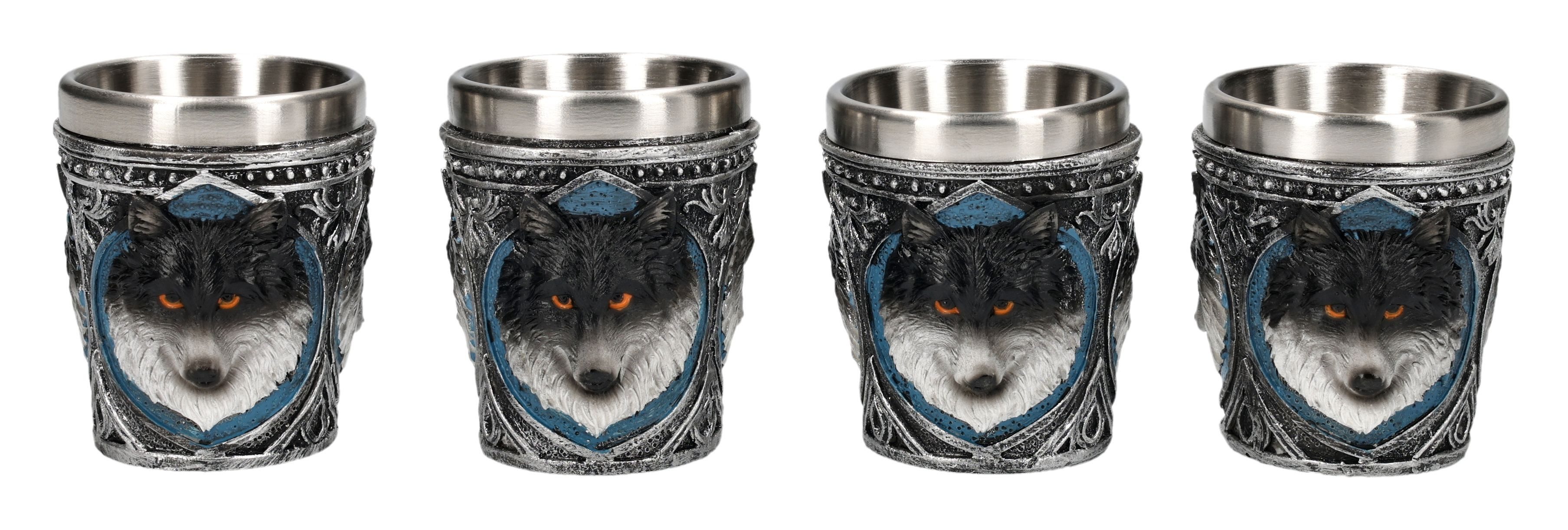 Figuren Shop GmbH Becher Wolf Schnapsbecher 4er Set – Gothic Trinkgefäße Handbemalt Stamperl, Kunststein (Polyresin), Edelstahl