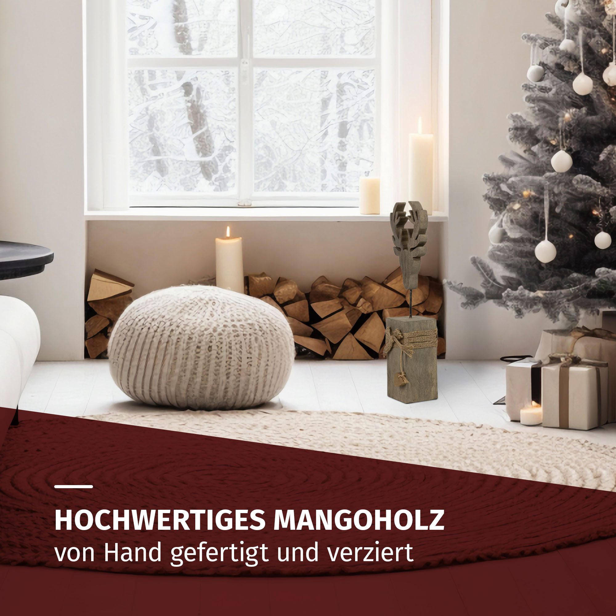 Moritz Skulptur Dekofigur Hirschkopf auf Mangoholzsockel 50 cm Weihnachten, Holz, Tischdeko, Fensterdeko, Wanddeko, Holzdeko, Weihnachtsdeko