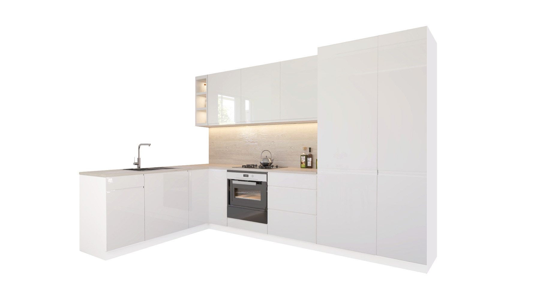 ROYAL24_MARKT Küchenzeile Velmora Winkelküche 300 × 180 cm KÜ05 – Moderne L-Küche Weiß Hochglanz, (Komplett Set), Edles Design - Top Material - Hochwertig